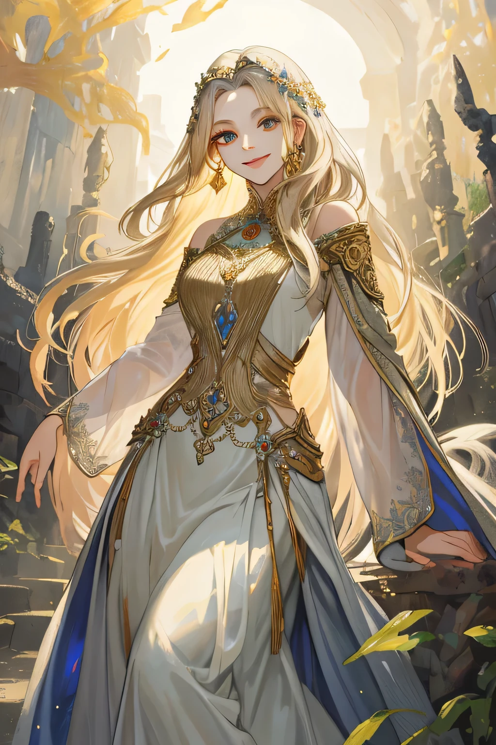 (masterpiece), best quality, expressive eyes, yunani saintess dress style painting of beautiful, silver long dress, lush and haunting background, blonde long hair, golden  eyes, smile mouth, 