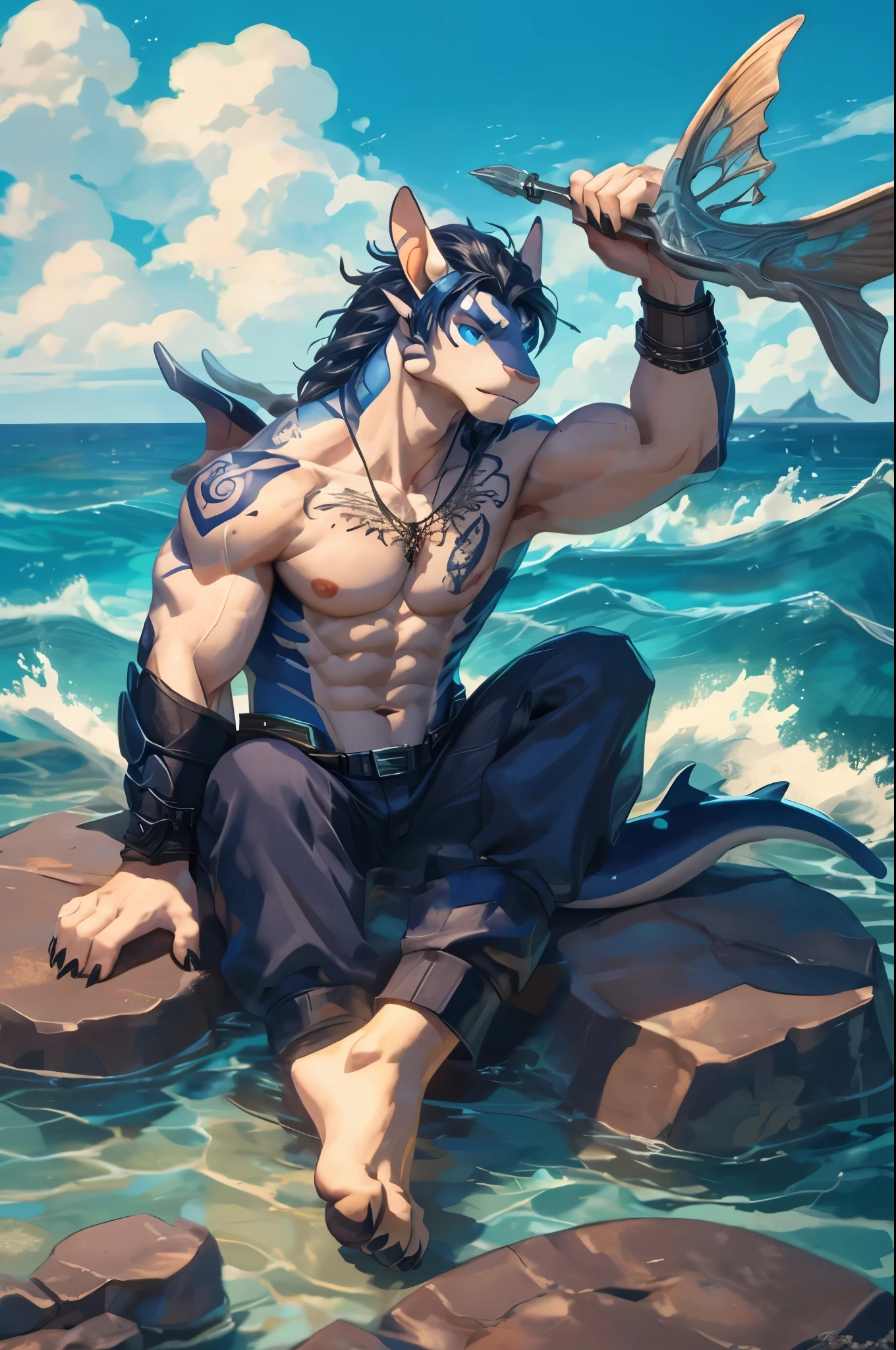 (((Barefoot furry character, full body, cinematic setting, furry male, plantigrade, nice feet paws))) 

(((Poseidon))) embodied as a powerful orca anthro with sleek black and white markings, sporting a trident tattoo on his bicep. He has a muscular physique and deep sea-blue eyes. Poseidon sits barefoot on a rocky shore, showing soles, waves crashing around him. The background features a vast ocean horizon dotted with ships and sea creatures. His attribute, the trident, is held firmly in one hand.

BREAK, detailed background, 8K, (masterpiece:1.5), intricate details, highly detailed, extreme detail, octane render, fine art, best quality, highres, (detailed face:1.5), ((full_body)), UHD, (((perfect hands))), low light