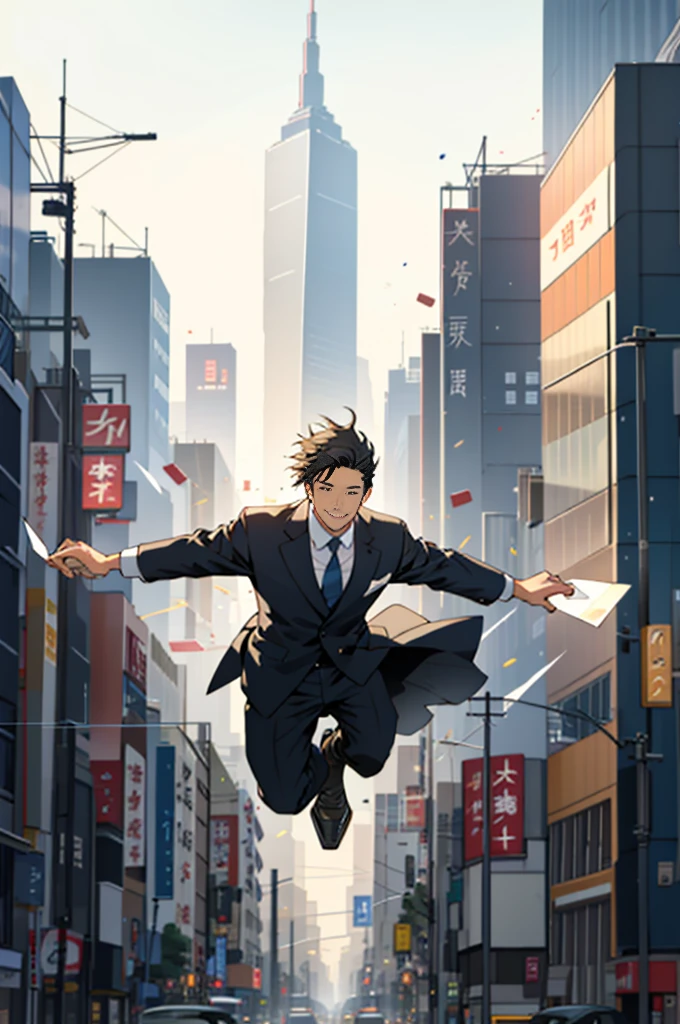 Salaryman in suit, Floating man, suspended in mid-air, smiling contentedly, amidst the hustle and bustle of Downtown Tokyo, where towering buildings and traffic create a lively backdrop, adding an element of surprise and wonder to the serene scene. (Realistic rendering, 4k resolution, Masterpiece: 1.2)