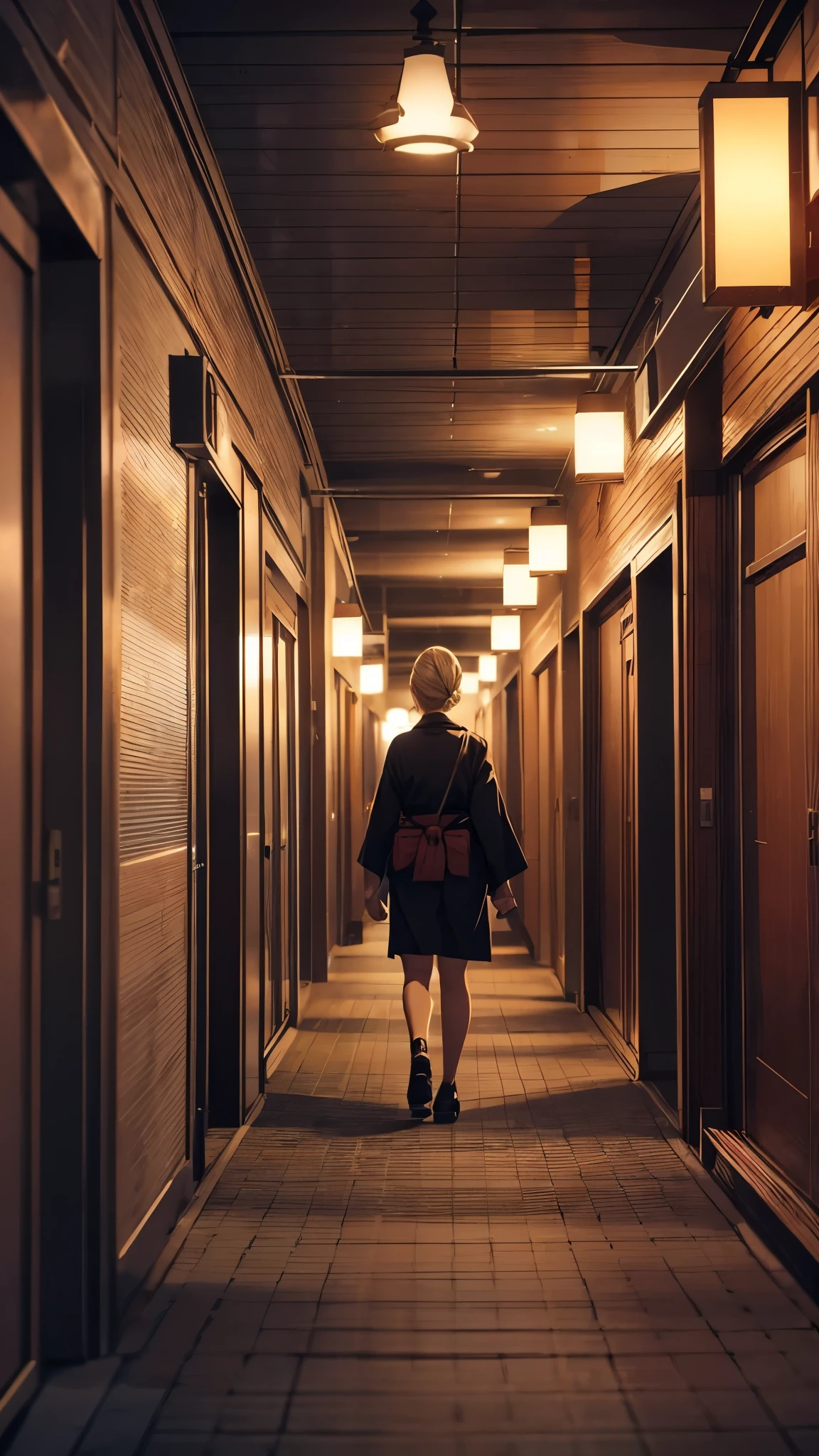 ((Inside the dark lighting,Inside the Japanese hotel’s corridors,inside the dim corridor)),((outside the night city is burning)),one woman,20 years old woman,she’s wearing army style clothes,short blonde hair,she’s walking the corridor