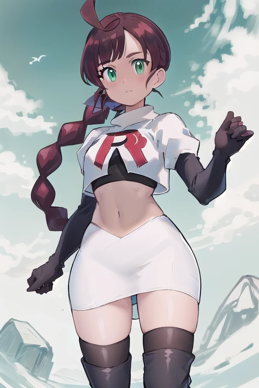 masterpiece, best quality, highres,green eyes,chl1, 1girl, braided_ponytail, (ahoge:1.1), eyelashes, team rocket,team rocket uniform,white skirt,red letter R,crop top,black thigh-highs,black elbow gloves