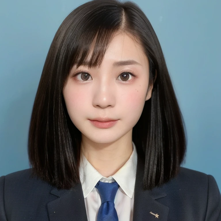 (kawaii 24 year-old Japanese girl, Nogizaka idol, Korean idol), (glossy black hair, very short bob cut, hair length must be even and symmetric:1.3), (rounded face, single eyelid, no makeup, serious expression:1.2), (wearing suit jacket, collared shirt, necktie:1.3), (extra small breasts:0.9), (looking at viewer:1.2), BREAK, (simple blue background, yearbook background:1.3), (portrait, id photo, bust shot, view from vertically straight forward:1.3), margin on the top, BREAK, (masterpiece, best quality, photo realistic, official art:1.4), (UHD, 8K quality wallpaper, high resolution, raw photo, golden ratio:1.3), (shiny skin), professional lighting, physically based rendering, award winning, (highly detailed skin, extremely detailed face and eyes), Carl Zeiss 85 mm F/1.4, depth of field, 1girl, solo,