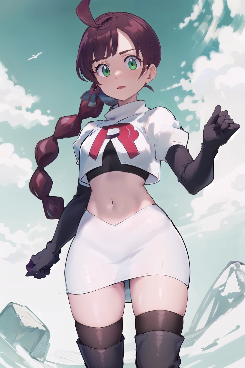 masterpiece, best quality, highres,green eyes,chl1, 1girl, braided_ponytail, (ahoge:1.1), eyelashes, team rocket,team rocket uniform,white skirt,red letter R,crop top,black thigh-highs,black elbow gloves