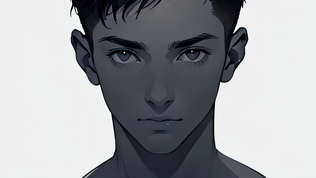 male　Handsome　Baby Face　Short cropped hair　looking at the camera　Upper body naked　no background　Background is white　Both shoulders are slightly visible　The face is in front and both ears are visible　White skin　full light　Black line drawing on a white background　Face directly ahead　Monochrome　A composition with a little distance