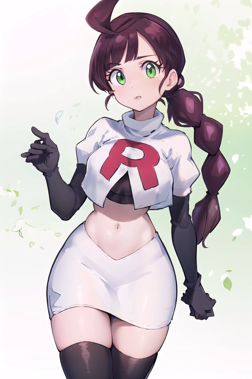 masterpiece, best quality, highres,green eyes,chl1, 1girl, braided_ponytail, (ahoge:1.1), eyelashes, team rocket,team rocket uniform,white skirt,red letter R,crop top,black thigh-highs,black elbow gloves