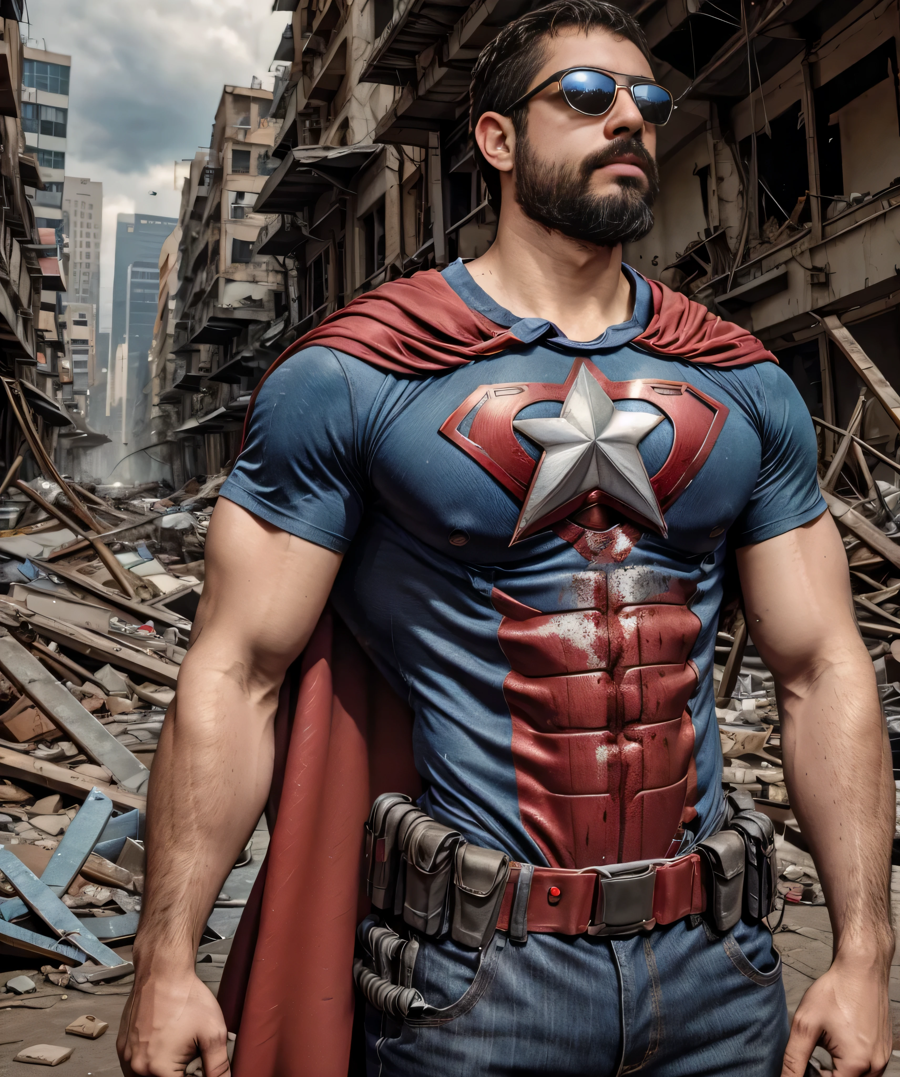 Obra maestra. Superhero in a destroyed city. With his superhero shirt and sunglasses.