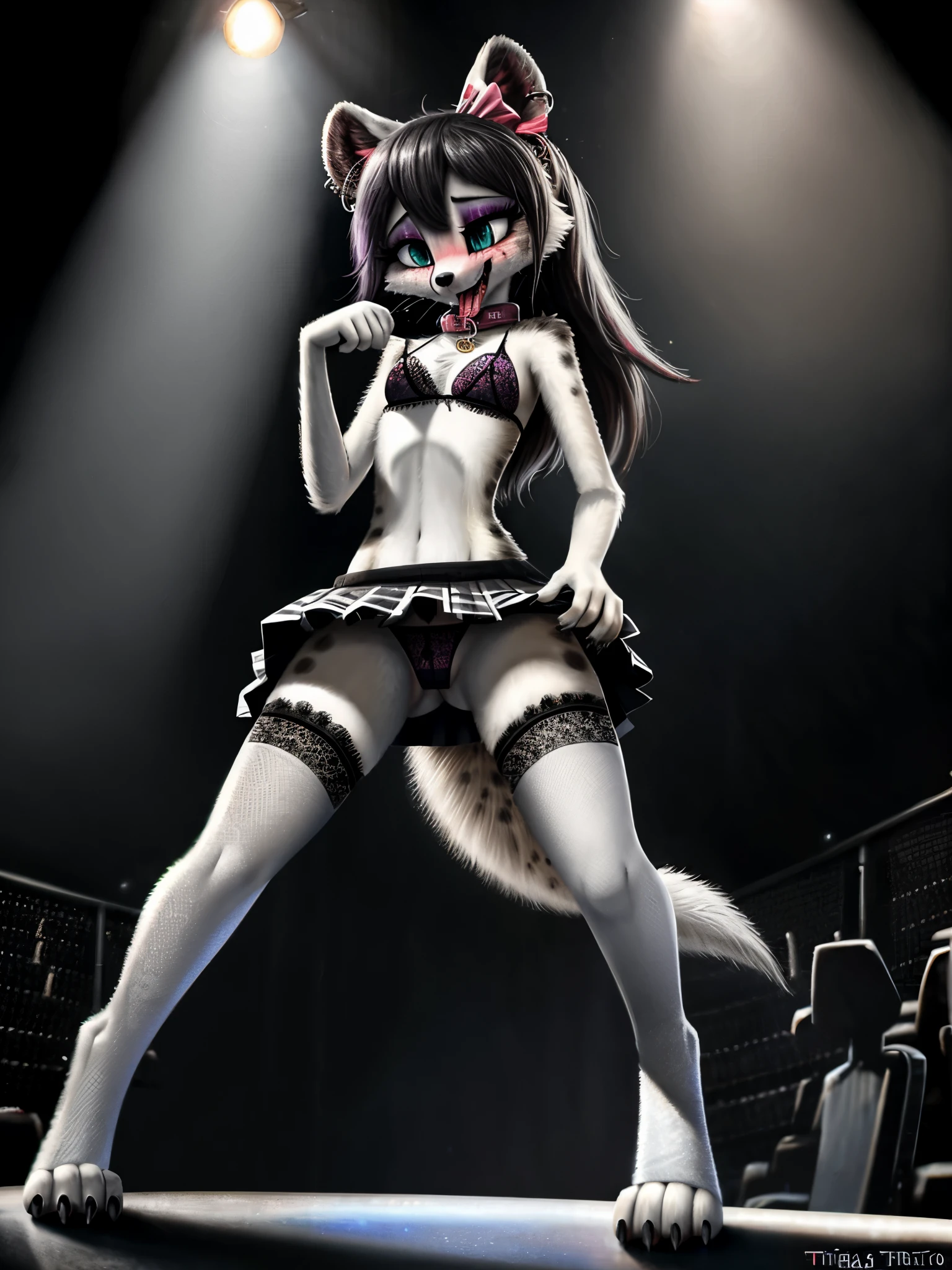 (white fur, semi-anthro, female hyena), [:fennec:12], [:mouse:18]), solo digitigrade, standing, (spreading legs:0.6), (happytrail:0.7), (flat chested), long black hair, messy hair, (black  eyeshadow lips claws), ([:purple eyeshadow lips claws hair:18]), silver hoop ear rings, long ears, raised tail, (hot pink ribbon collar), (hair ribbon, tail ribbon), lace pantie bra, lace stockings, toeless stockings, cameltoe, wet underwear, blushing, teal eyes, (slit pupils:1.2), eye roll, bedroom eyes, long eyelashes, whiskers, running makeup, shortstack, slim, small waist, begging pose, tongue out, on stage, very short skirt, pleated skirt, skirt lift, (black clothing, stockings), (skimpy clothing, skimpy underwear),  (black underwear:0.5), [:pink underwear, shiny underwear:18], spotlight, dark background, low angle view [by dryadex, by syuro::12], [by v-tal:by himeragoldtail:16], (by trigaroo:1.22), (by toots, by syn-6), by enginetrap, (by fuel /artist/), (by funkybun:0.5), (whisperfoot:0.6), (by kenket:0.8), [:(translucency, (detailed fur, hands, feet, pussy, breast.2):18]