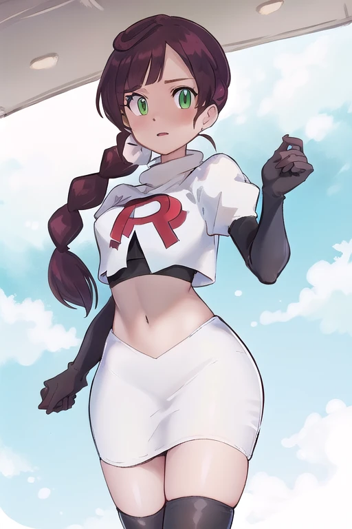 masterpiece, best quality, highres,green eyes,chl1, 1girl, braided_ponytail, (ahoge:1.1), eyelashes, team rocket,team rocket uniform,white skirt,red letter R,crop top,black thigh-highs,black elbow gloves