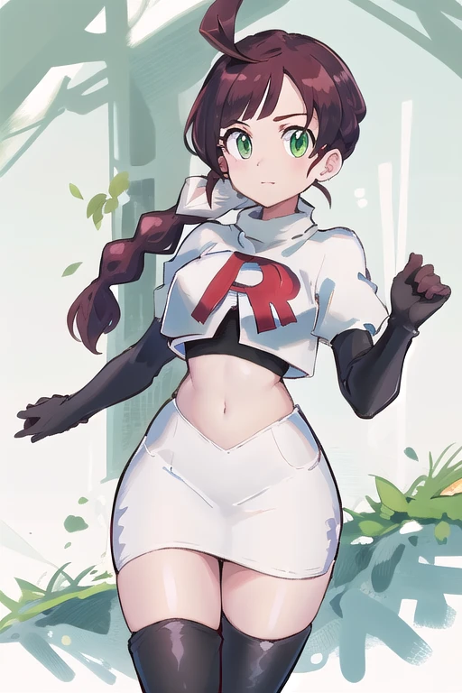 masterpiece, best quality, highres,green eyes,chl1, 1girl, braided_ponytail, (ahoge:1.1), eyelashes, team rocket,team rocket uniform,white skirt,red letter R,crop top,black thigh-highs,black elbow gloves