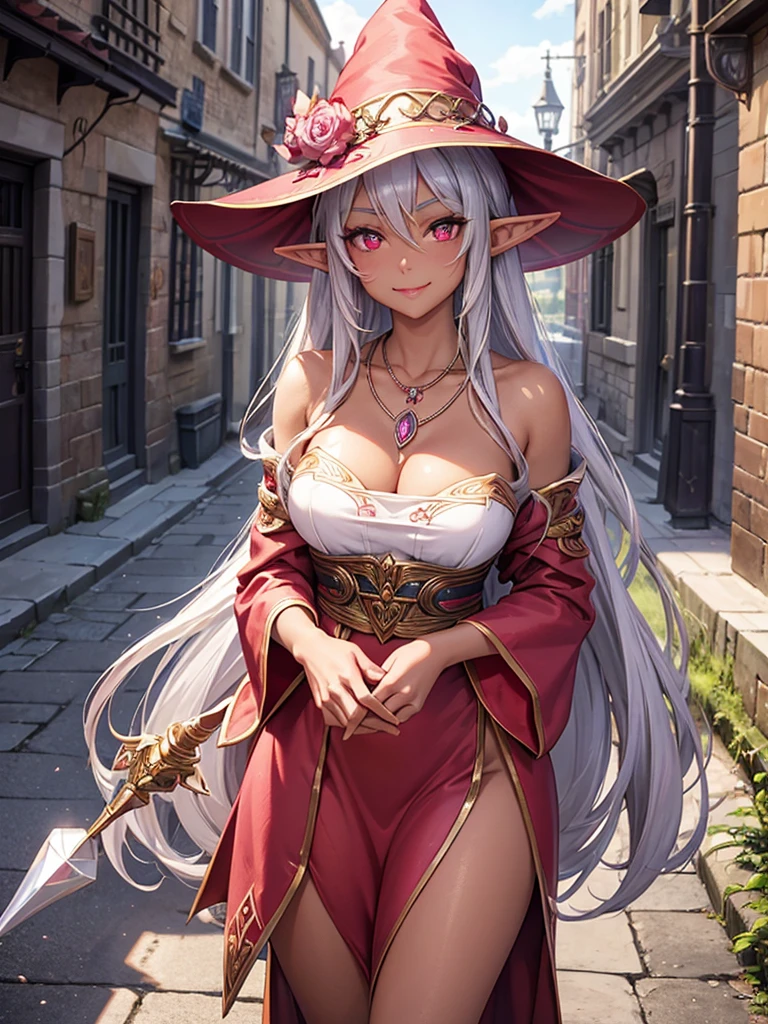 An elf woman, very dark tanned skin, beautiful silver hair, pointed ears, beautiful red eyes, pink lips, staring at the viewer, wizard's robes, beautiful necklace, wizard's hat, shy face, Cheerful smiles, masterpieces, medieval streets,
