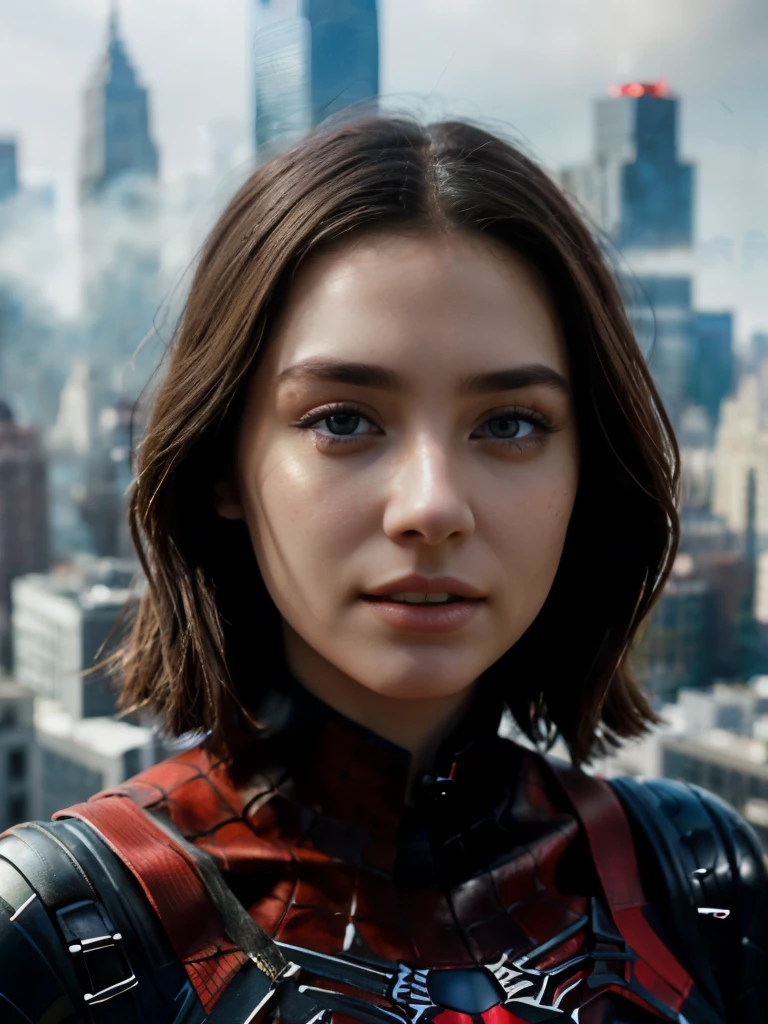 (1girl:1.3), Solo, (((Very detailed face)))), ((Very detailed eyes and face)))), Beautiful detail eyes, Body parts__, Official art, Unified 8k wallpaper, Super detailed, beautiful and beautiful, beautiful, masterpiece, best quality, original, masterpiece, super fine photo, best quality, super high resolution, realistic realism, sunlight, full body portrait, amazing beauty, dynamic pose, delicate face, vibrant eyes, (from the front), She wears Spider-Man suit, red and black color scheme, spider, very detailed city roof background, rooftop, overlooking the city, detailed face, detailed complex busy background, messy, gorgeous, milky white, highly detailed skin, realistic skin details, visible pores, clear focus, volumetric fog, 8k uhd, DSLR, high quality, film grain, fair skin, photo realism, lomography, futuristic dystopian megalopolis, translucent