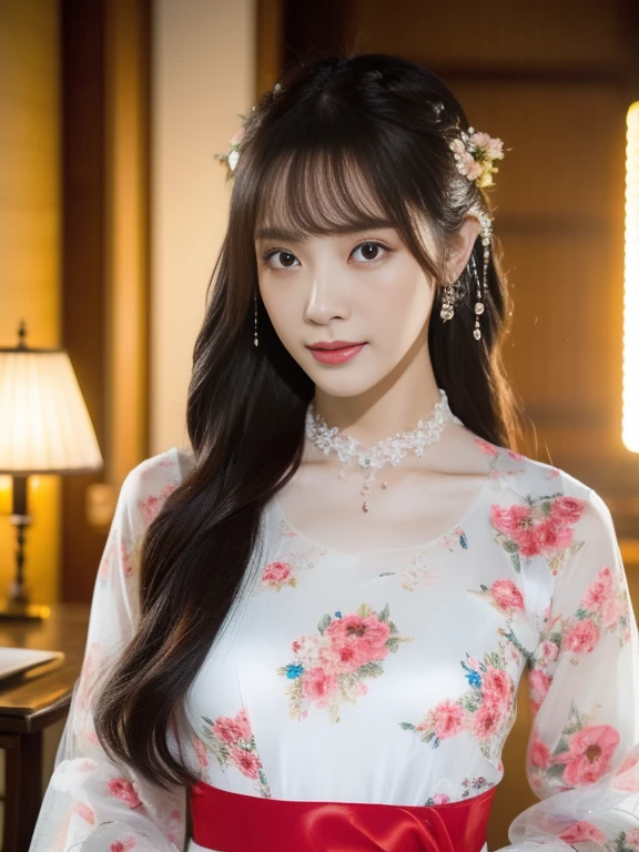 最high quality,masterpiece,High resolution,One girl,Girl with long hair and waist,Hanfu Night Dress,Floral Hanfu Night Dress,Hanfu Night Dress,Printed tulle night dress,hair ornaments,Choker Necklace,gem,Beautiful Face,Red high gloss lipstick,Physically,Crispy breasts,Dindal effect,Realistically,dark studio,Edge Light,Two-tone lighting,(Highly detailed skin:1.2),Hyper HD, Digital SLR, Soft Lighting, high quality, Volumetric Light, Secretly photographed, photograph, High resolution, 4K, 8k, Background blur,