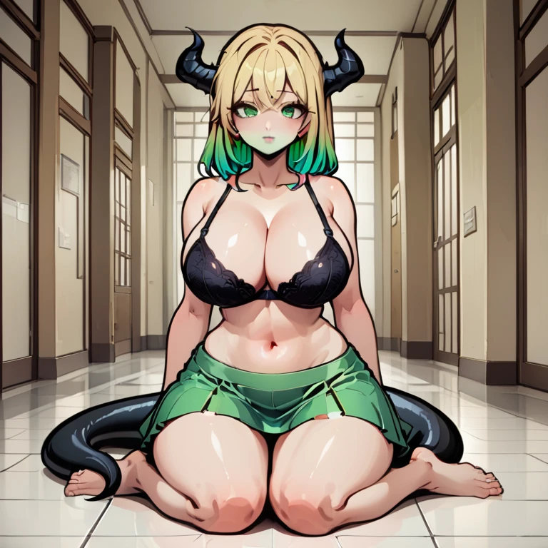 ((best quality)), ((masterpiece)), ((high resolution)), (high quality face), ((upscale face)), ((full body)), (high quality body), ((Anime style beautiful girl)), ((18 years old)), ((horns)), ((black tail)), ((very big breasts)), ((cleavage)), green short skirt, no shirt, ((black bra)), upscale bra, blonde colored hair, (high quality eyes), green eyes, upscale eyes, green colored lips