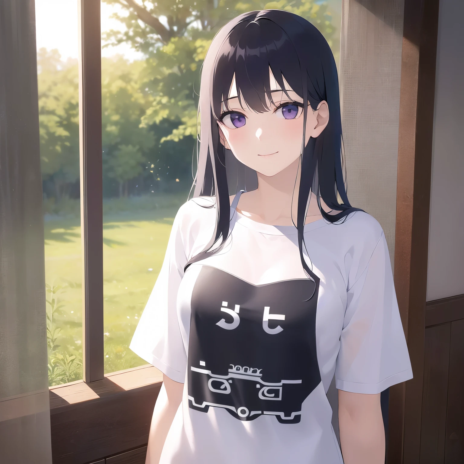smile, Upper Body, Realistic, real person, (pale skin: 1.2), shiny skin, shiny hair、(A 25-year-old woman with straight hair and bangs) and (medium hair) and (black hair) and (purple eyes) , (white) and (Plain T-shirt) 、Are standing、The background is the living room、Alone、