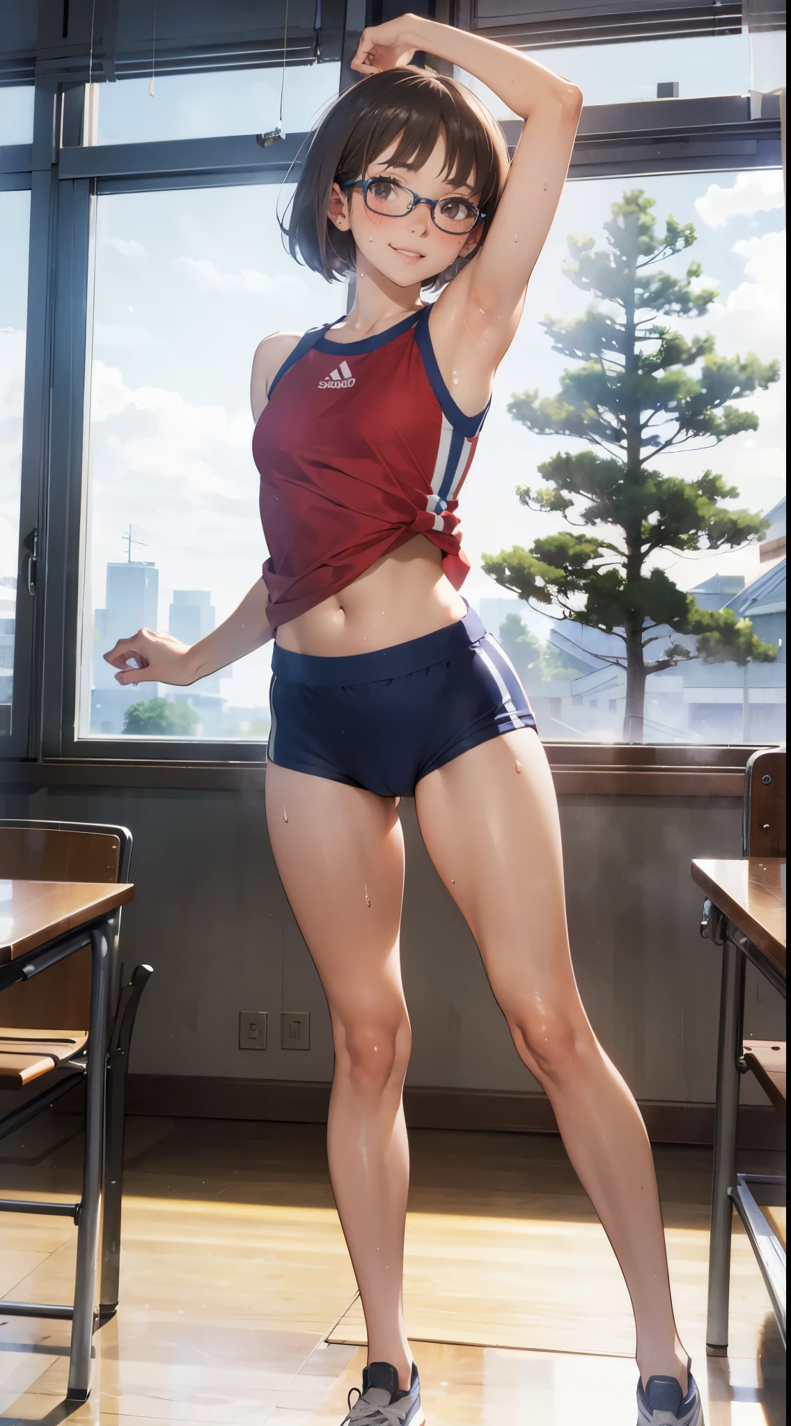 (super flat, flat shading), Honors Type, Really blushing, , high school girl, wearing training wear and micro (highcut:1.5) short pants, cameltoe, Short bob cut brown hair, Glasses, sweaty healthy body, mesugaki smile, armpit, bare legs, ultra realistic, early morning, breeze, (standing), in crowded classroom,