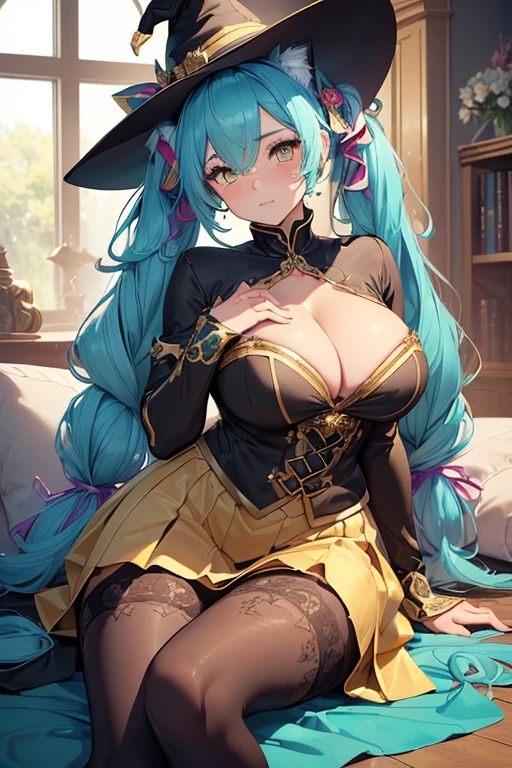 ((masterpiece)), (best quality:1.7), (detailed:1.4), (high res:1.4), 8k, (colorful:1.5), high resolution, sharped image, 4k, hd, (beautiful detailed background:1.2), (beautiful lighting:1.2), (highly detailed:1.2), perfect lighting, (8k wallpaper:1.2), (highly detailed:1.2), (extremely detailed CG:1.2), ((long turquoise twintails with ribbons)), (hair bangs covering one eye), ((only turquoise hair)), ((large chest)), (((busty))), curvy figure, (((royal gold eyes))), (((modest witch outfit with a medium length skirt and long stockings))), ((fluffy cat ears and cat tail)), mature, older, (cat girl), adult, tall, fullbody