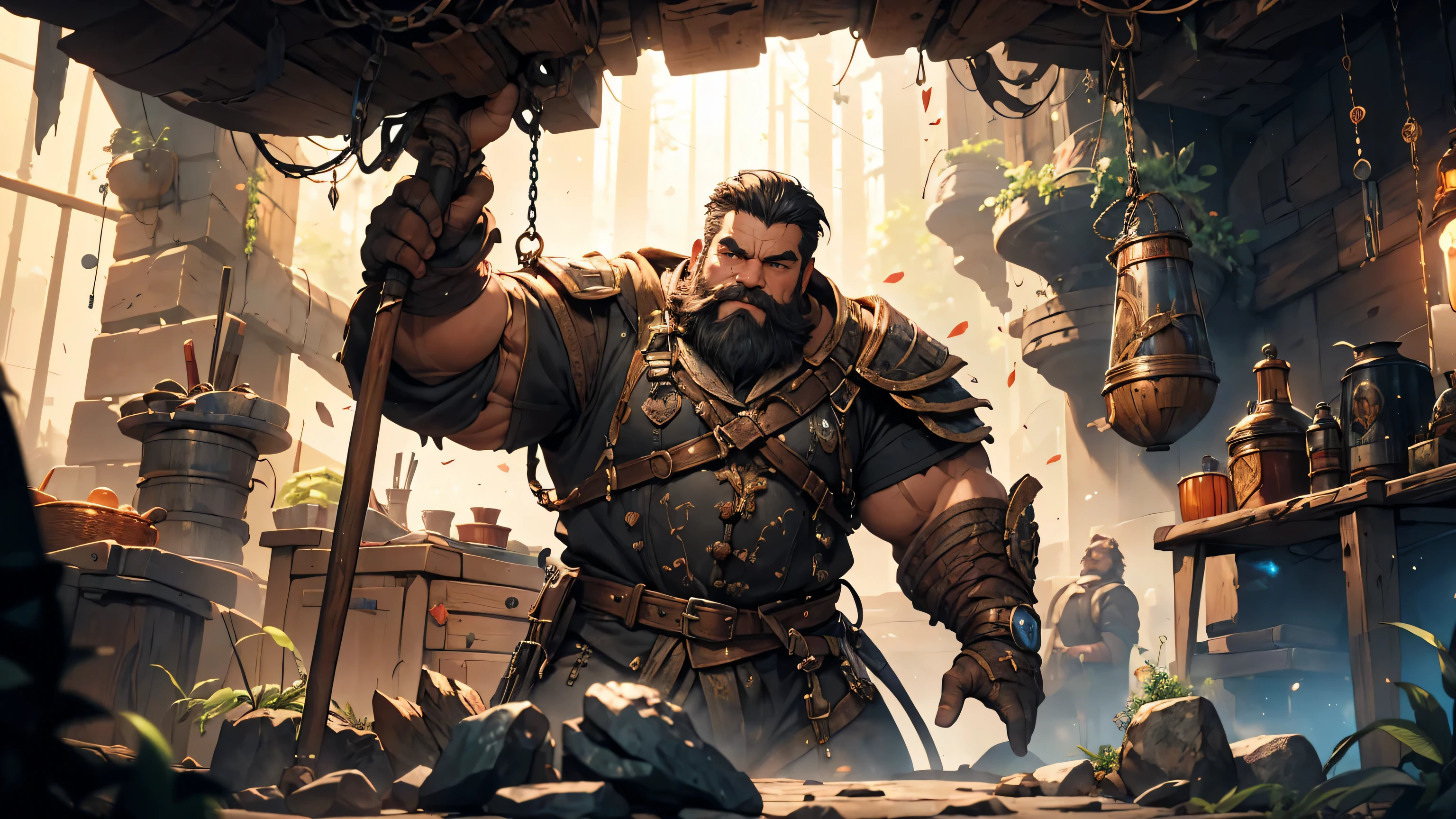 (best quality,4k,8k,highres,masterpiece:1.2),ultra-detailed,(realistic,photorealistic,photo-realistic:1.37),detailed black hair,detailed beard,detailed dwarf,short black hair,beard,well-built,fantasy,alone mining,mining cave,mining,iron ore,swinging,illustration, 

In this stunning illustration, a well-built dwarf captivates the viewer's attention as he swings a pickaxe to mine iron ore in a dark and mysterious mining cave. With his short black hair and a meticulously crafted beard, the dwarf emanates strength and determination. 

The scene is set in a fantasy world, where the dwarf's solitary mining expedition is filled with wonder and adventure. The cave is intricately depicted, with every nook and cranny being a testament to the dwarf's tireless efforts. The detailed depiction of the mining process immerses the viewer in the dwarf's world, showcasing his skill and expertise.

The rich color palette adds depth and vibrance to the illustration, further enhancing its impact. The lighting plays a crucial role in highlighting the dwarf's muscular physique and emphasizing the surreal atmosphere of the mining cave.

Every aspect of this illustration is crafted to perfection, from the ultra-detailed rendering of the dwarf's features to the minute depiction of the iron ore he is mining. The use of (best quality,4k,8k,highres,masterpiece:1.2) ensures that the final image is of the highest caliber, with every detail meticulously preserved.

