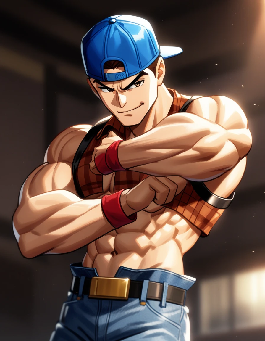 1guy, middle musclar, solo, blond, backwards hat, open shirt, cropped shirt, red collared shirt, sleeveless shirt, brown plaid shirt, abs, blue baseball cap, jeans, red wristbands, very short hair, thick abs, upper legs, masculine, handsome, hero in fighting game, >:>, smug, [[[cinematic lighting, cinematic shadow]]], brown eyes, 1990s, VHS Quality