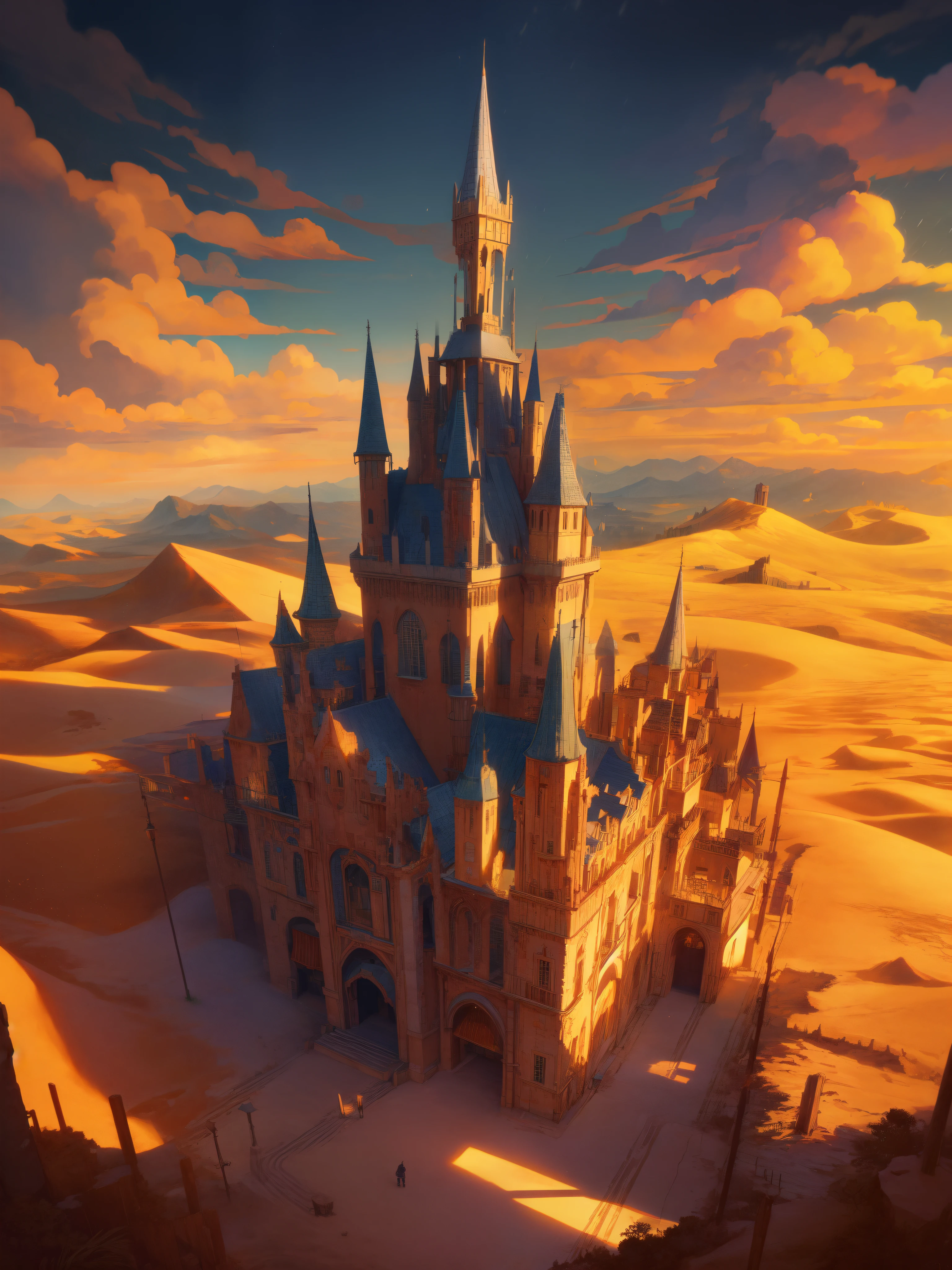 aerial view, ghibli anime lineart style, parallel dimension gate in desert, mystical portal, neon aura, mystical, magical, twilight splendor, shadows, swirling hues of indigo and gold, dark evening, footsteps imprinted on sand, lush oase on dunes, spires of crystal sand, dramatic cloudy sky, vast open sky, silence, like movie scene, beautiful tones, scenery, beautiful ambience, 8k, volumetric light, peaceful scene, micro landscape, intrinsic details, no human