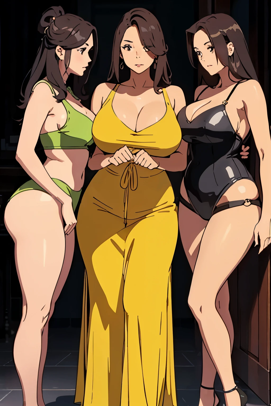 Is a captivating scene of three women coming together for a group photo. The first woman, with a medium tan skin tone and long black hair cascading down to her waist, boasts an hourglass figure with big plump breasts, the smallest waist, widest hips, and widest thighs. Her radiant tan adds to her allure, enhancing her voluptuous curves.

The second woman, of sexy Asian and African decent, has a small round face and a detailed expression that radiates confidence. Her long, wavy brown hair frames her delicate features, and she boasts large, ample breasts. Her clear portrait reflects her beauty and charm.

The third woman, a beautiful plus-