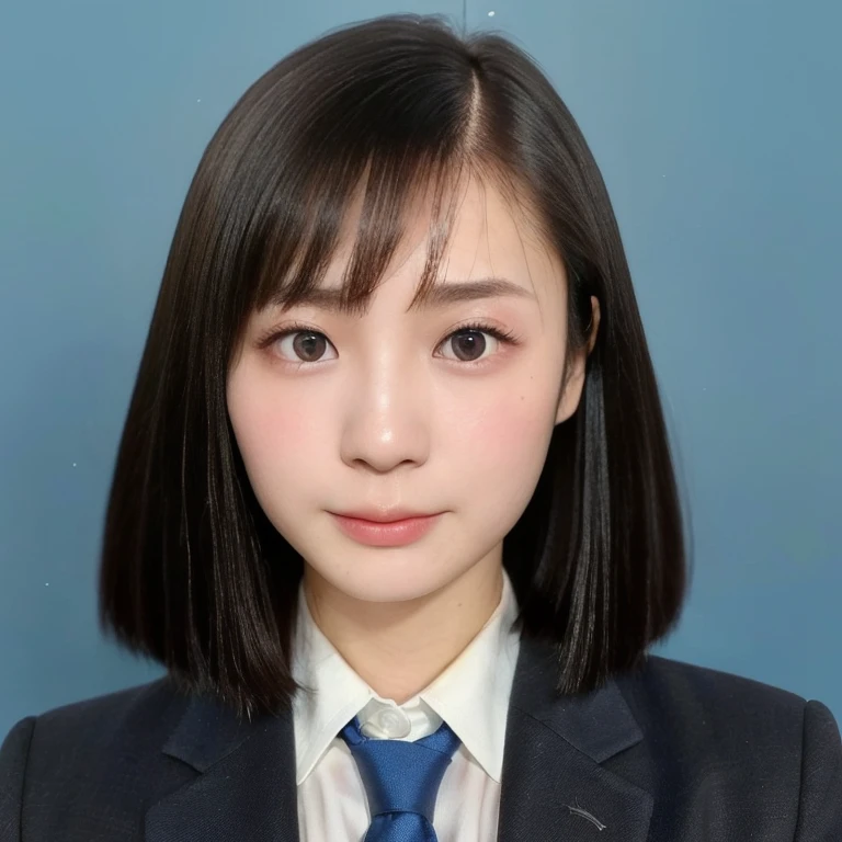 (kawaii 24 year-old Japanese girl, Nogizaka idol, Korean idol), (glossy black hair, very short bob cut, hair length must be even and symmetric:1.3), (rounded face, single eyelid, no makeup, serious expression:1.2), (wearing suit jacket, collared shirt, necktie:1.3), (extra small breasts:0.9), (looking at viewer:1.2), BREAK, (simple blue background, yearbook background:1.3), (portrait, id photo, bust shot, view from vertically straight forward:1.3), keep a margin on the top, BREAK, (masterpiece, best quality, photo realistic, official art:1.4), (UHD, 8K quality wallpaper, high resolution, raw photo, golden ratio:1.3), (shiny skin), professional lighting, physically based rendering, award winning, (highly detailed skin, extremely detailed face and eyes), Carl Zeiss 85 mm F/1.4, depth of field, 1girl, solo,