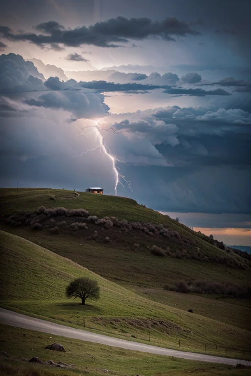 lightning striking a lonely tree on a hill