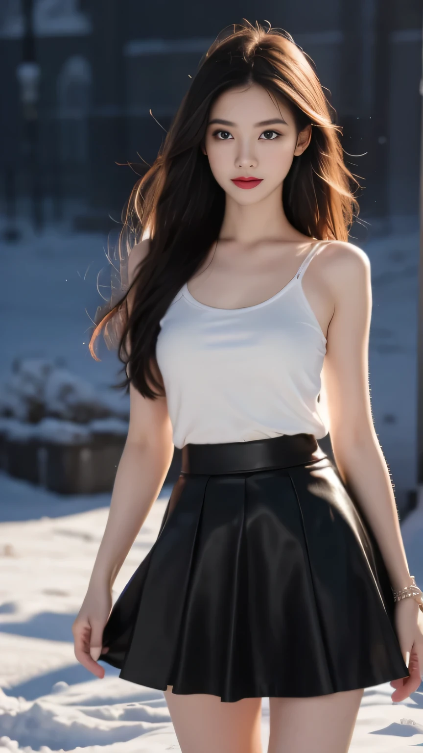 Black Hair, Hair shaking, victory, Long eyelashes, Solid round eye, A faint smile, ears red, direction, Surrealism, shadow, Relief, Stereogram, Standing picture, View, Atmospheric perspective, 8k, Super Detail, precise, best quality,beautiful ice goddess, good face, Very long hair, Realistic eyes, Small Breasts, Ice Mage, Ice Elemental, Intricate design and details, cold fog, cold, snowstorm, Summon Ice Magic, Cast ice magic, dreamy dress, (Black skirt:1.5), tape:1.5,, Bare waist, Realistic ice effects, Snow particles, Dark fantasy art style, Ruined City, Dramatic Lighting, Movie,