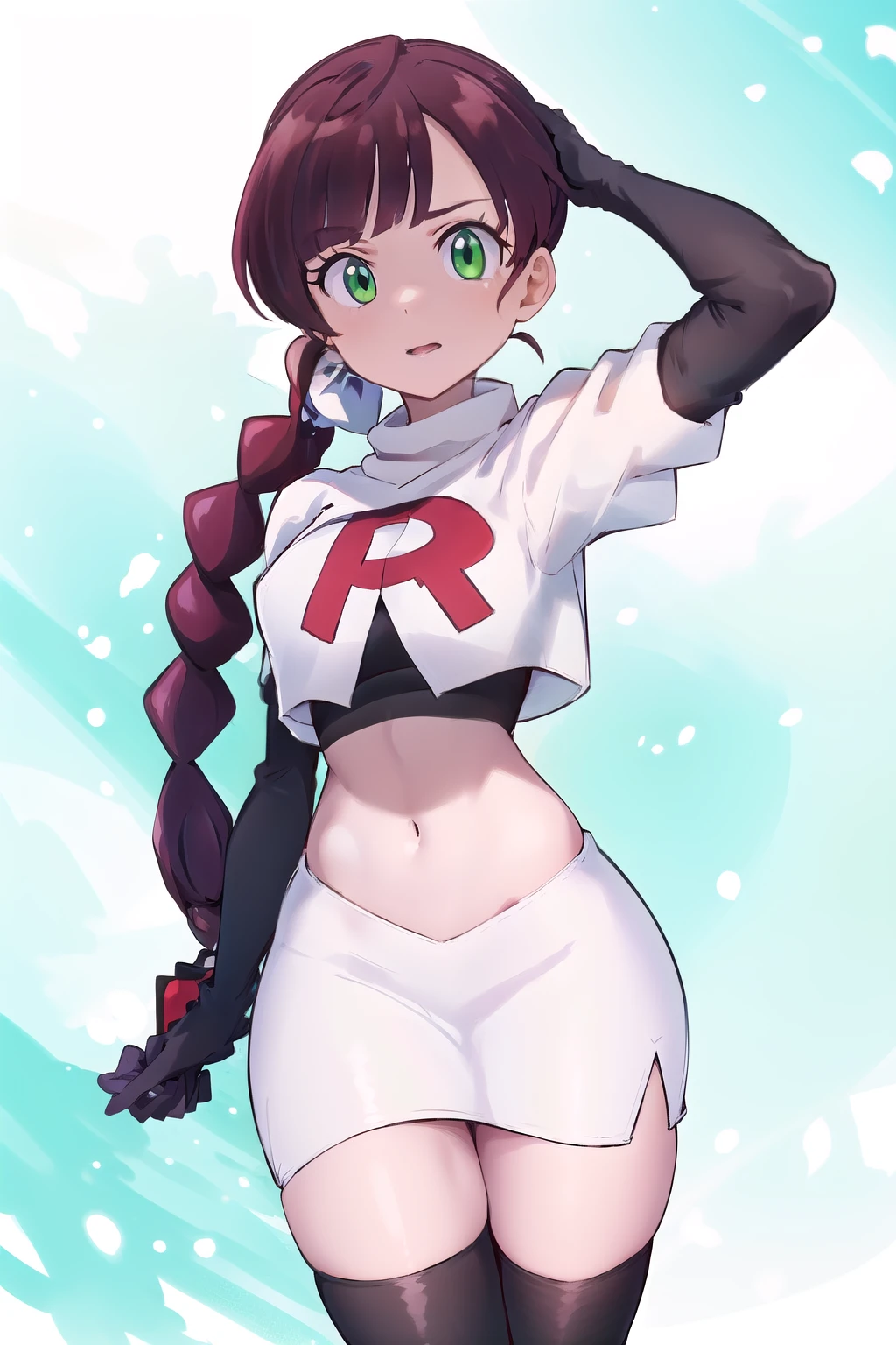 masterpiece, best quality, highres,green eyes,chl1, 1girl, braided_ponytail, (ahoge:1.1), eyelashes, team rocket,team rocket uniform,white skirt,red letter R,crop top,black thigh-highs,black elbow gloves