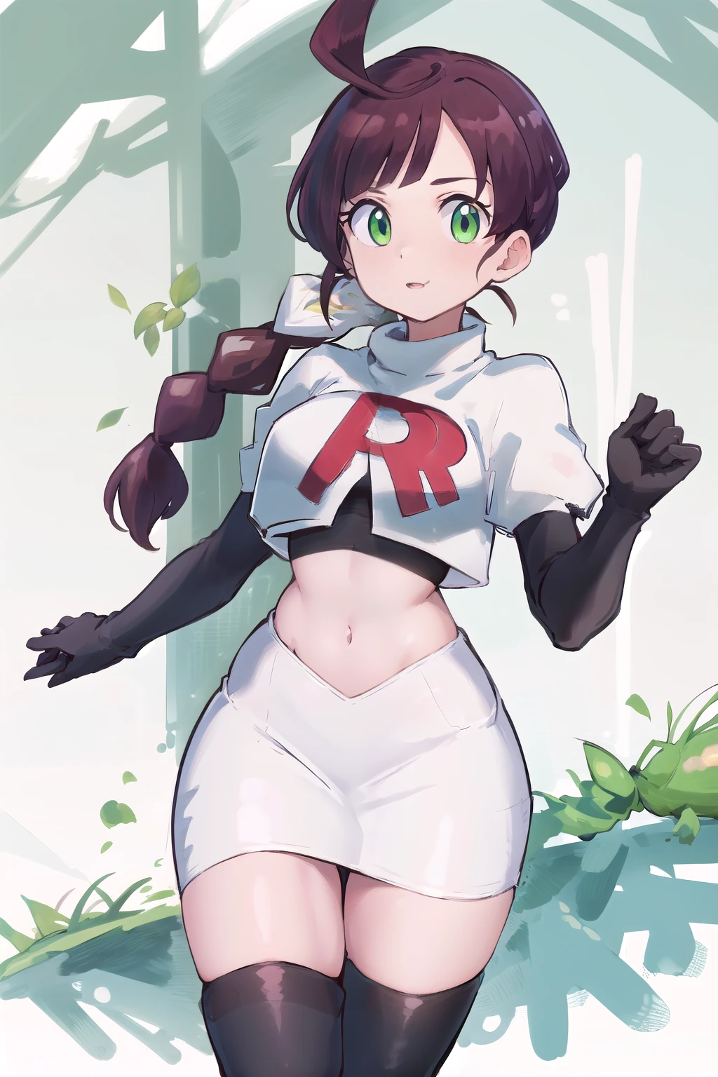 masterpiece, best quality, highres,green eyes,chl1, 1girl, braided_ponytail, (ahoge:1.1), eyelashes, team rocket,team rocket uniform,white skirt,red letter R,crop top,black thigh-highs,black elbow gloves