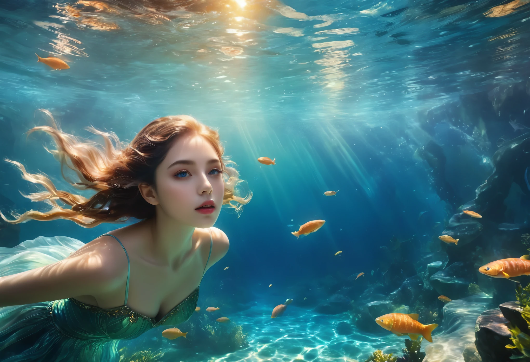 (best quality,4k,8k,highres,masterpiece:1.2),ultra-detailed,(realistic,photorealistic,photo-realistic:1.37),1girl,floating in water, Endoceras and water tentacle creatures,beautiful detailed eyes,beautiful detailed lips,extremely detailed face,longeyelashes,serene expression,flowing colorful dress,underwater scene,clear blue water,sparkling sunlight,rippling water surface,glowing underwater plants,ethereal atmosphere,soft pastel colors,gentle lighting. in blingbling clothing and jewelry