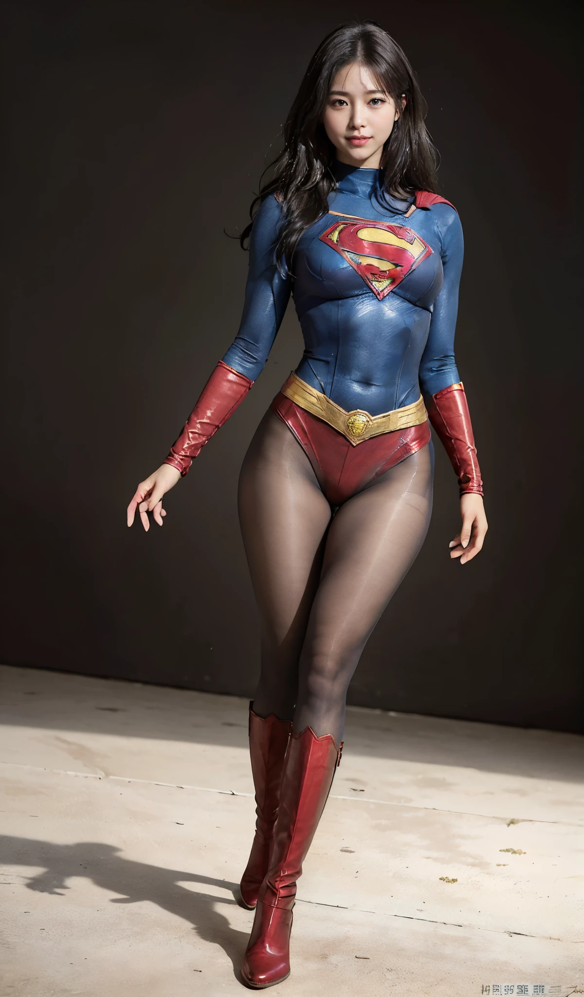 No background、(((Beautiful legs in black tights.)))、(((Legally express the beauty of your smile)))、((((Make the most of your original images)))、(((Supergirl Costume)))、(((Beautiful Hair)))、(((suffering)))、(((Please wear black tights....、Wear red boots)))、((Best image quality、8K))、((highest quality、8K、masterpiece:1.3))、(((Preserve background )))、Sharp focus:1.2、Beautiful woman with perfect figure:1.4、Thin abdominal muscles:1.2、Wet body:1.5、Highly detailed face and skin texture、8K