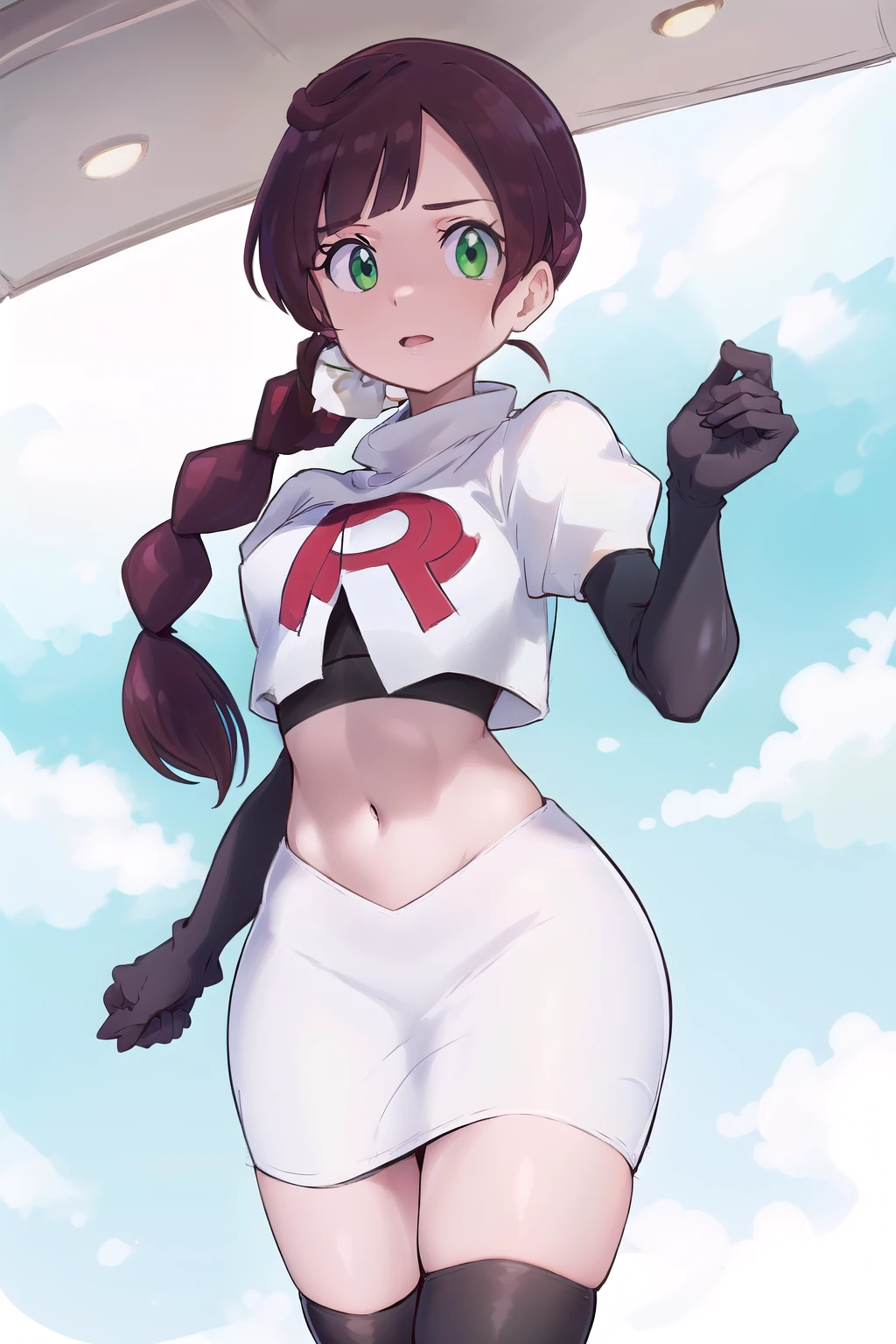 masterpiece, best quality, highres,green eyes,chl1, 1girl, braided_ponytail, (ahoge:1.1), eyelashes, team rocket,team rocket uniform,white skirt,red letter R,crop top,black thigh-highs,black elbow gloves