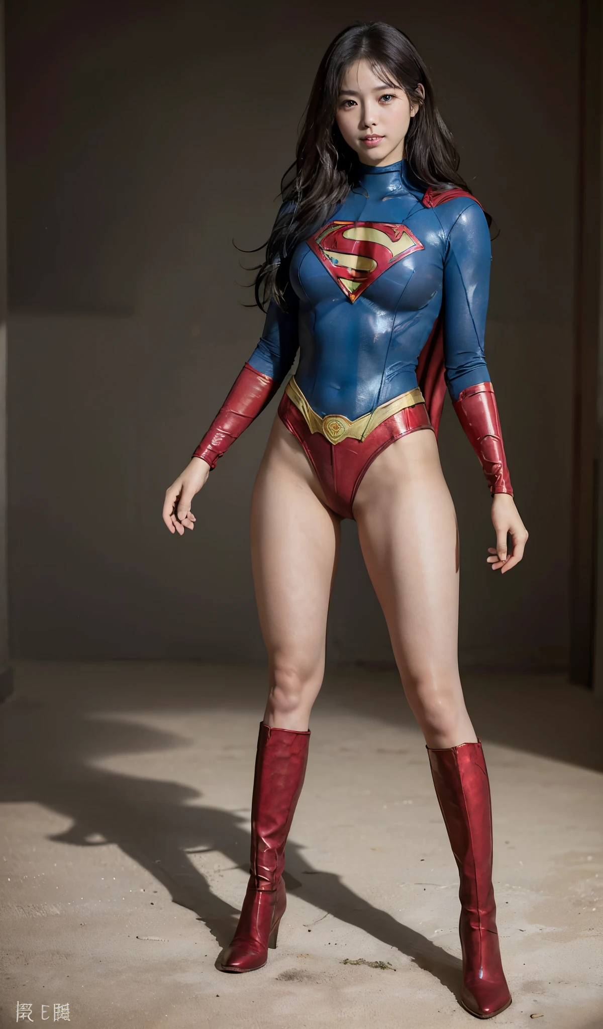 No background、(((Beautiful legs in black tights.)))、(((Legally express the beauty of your smile)))、((((Make the most of your original images)))、(((Supergirl Costume)))、(((Beautiful Hair)))、(((suffering)))、(((Please wear black tights....、Wear red boots)))、((Best image quality、8K))、((highest quality、8K、masterpiece:1.3))、(((Preserve background )))、Sharp focus:1.2、Beautiful woman with perfect figure:1.4、Thin abdominal muscles:1.2、Wet body:1.5、Highly detailed face and skin texture、8K