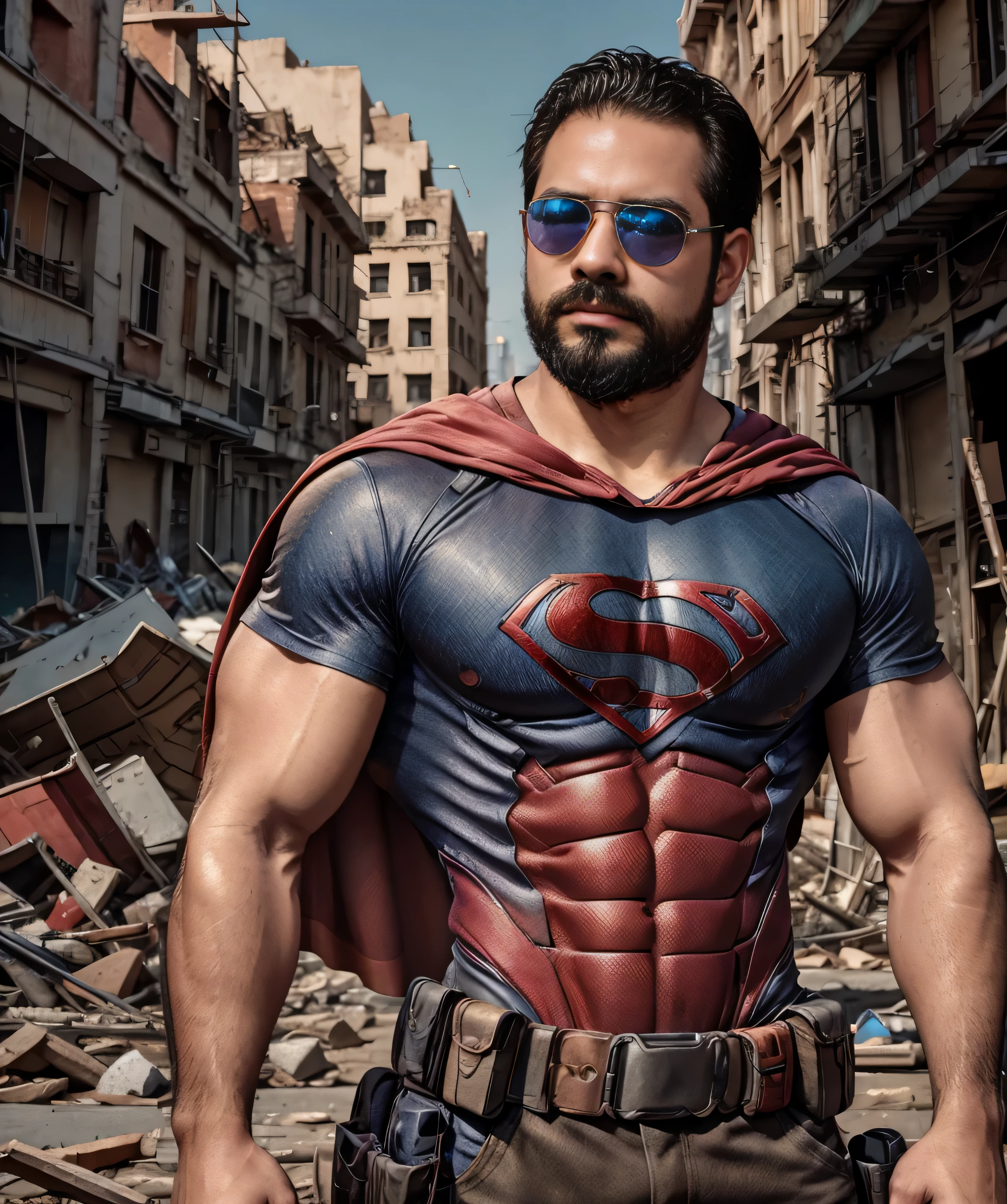 Obra maestra. Superhero in a destroyed city. With his superhero shirt and sunglasses.