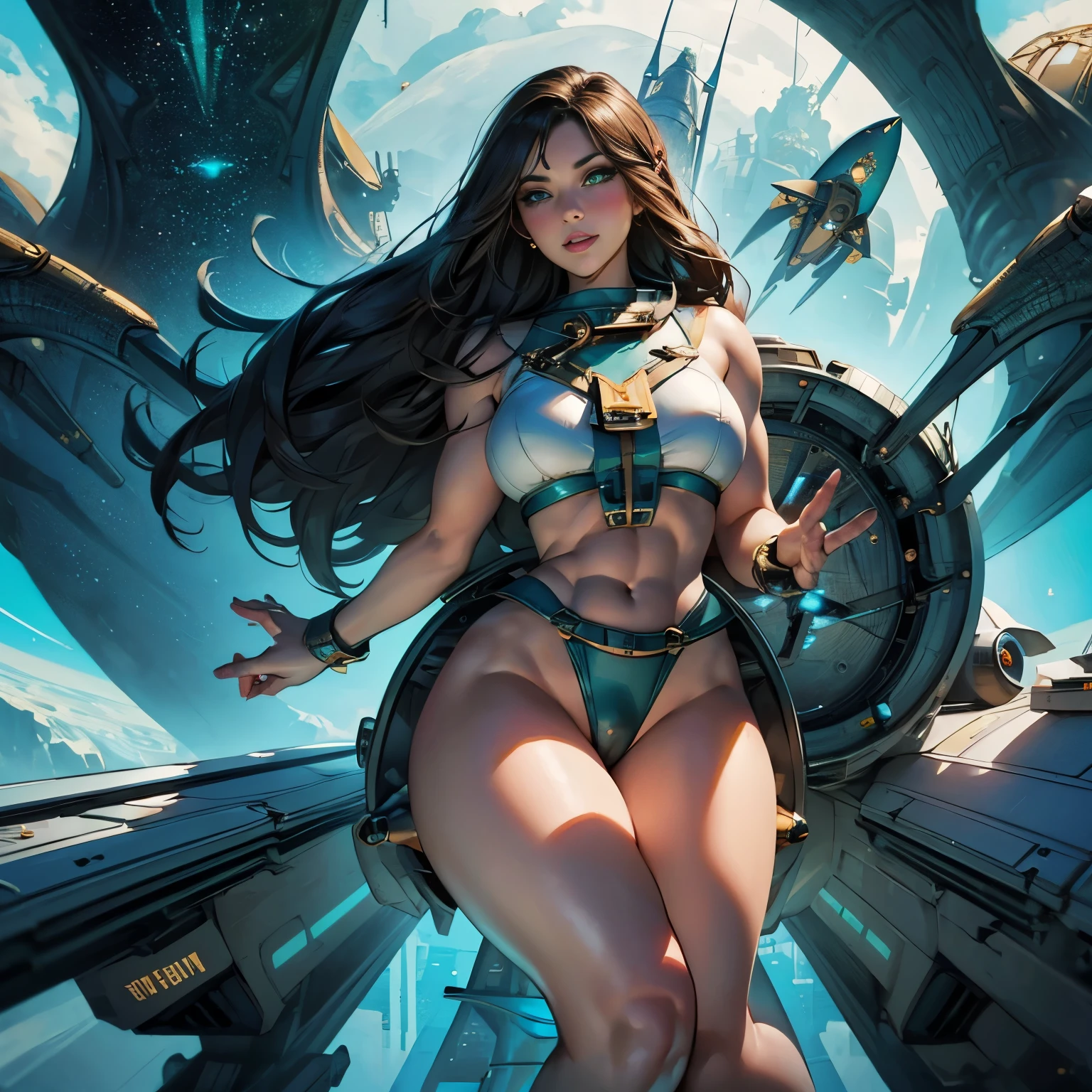 Astronaut woman, prostitute, best quality: 1.1, 1 girl, (green eyes), detailed green eyes, well-aligned eyes, extremely detailed face, blushing cheeks, perfect face symmetry, smiling, embarrassed, (astronaut suit), BREAK intricate details on hands, intricate details on fingers, (very huge) breasts, black hair, detailed hair, long hair, defined figure, (thick muscular legs), (small defined waist), (very much voluptuous body), (very much muscular body), lascivious woman, (nymphomaniac woman), dynamic pose, Interacting, (whole body perspective), ((spaceship background): 1.5)