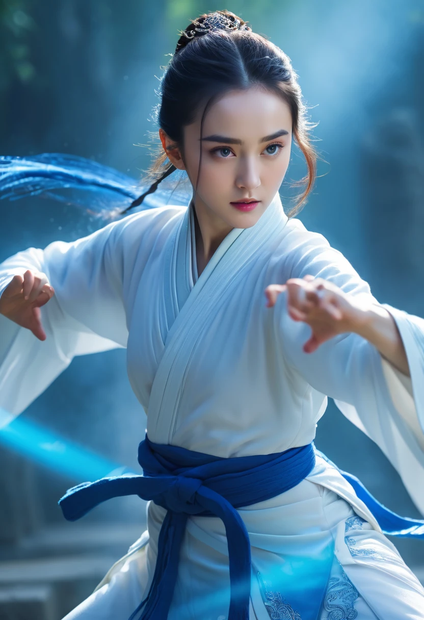 uhd, epic, cinematic still frame, sharp focus, craft a hyper realistic photo of most attractive and beautiful Wuxia girl (Dilraba Dilmurat), (beautiful face)、(((1 juvenile，full bodyesbian，tear-mole:)))full bodyesbian，Sharp eyes，Clear facial features，wearing a lace hanfu，White robe，Fighting，Strong dynamic posture，The body is surrounded by blue mist，Runes surround you，tai chi martial arts action，Holographic reality，holographic halo，dynamic blur，Game lighting effects，rim-light，Soft light，cinematic rim light，The light is delicate, Qi explosion, 