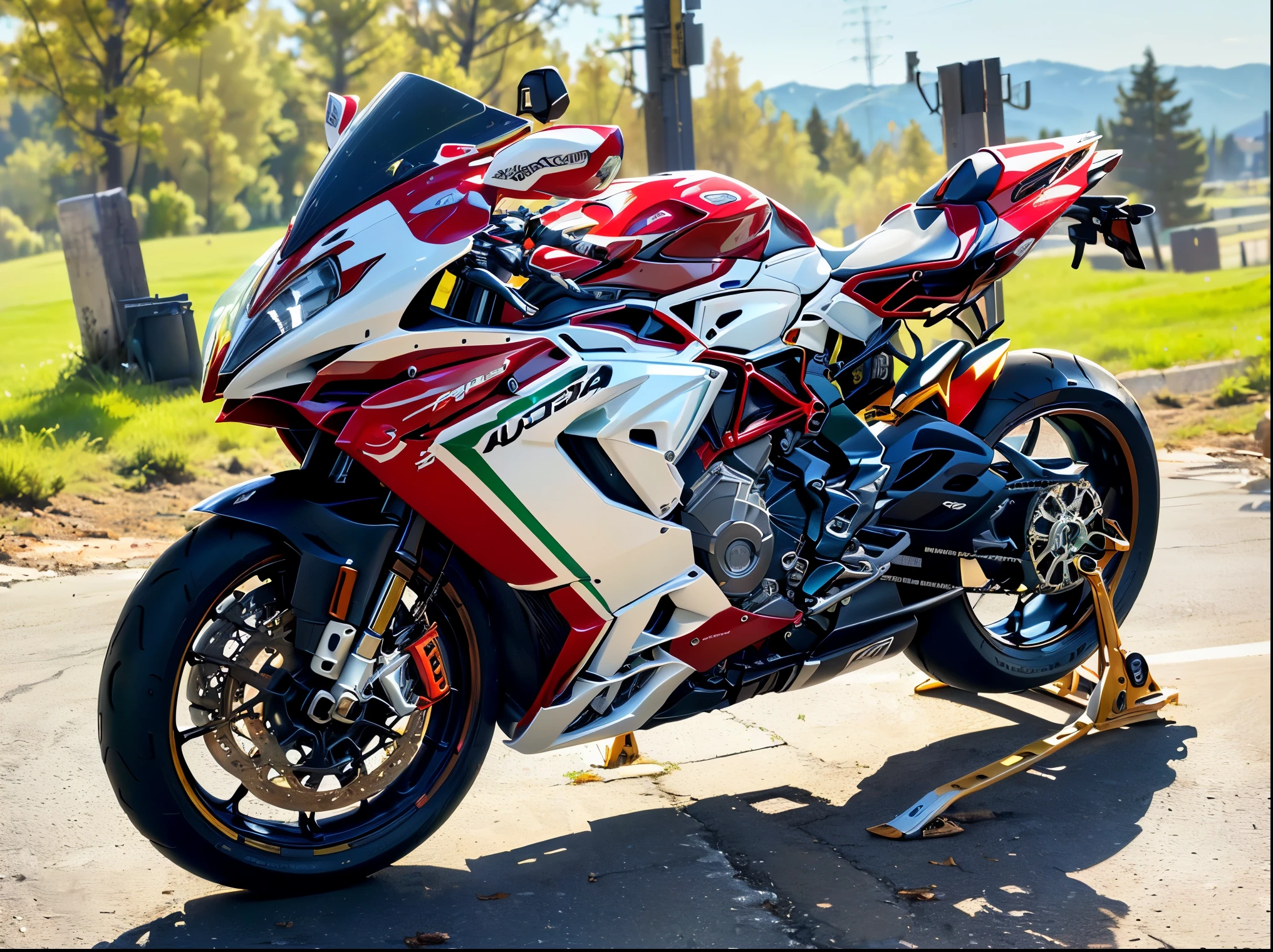 MV Agusta F3 675 RC motorcycle parked on a road with a green and white background, 🚿🗝📝, by Carlo Martini, 8 k highly detailed ❤🔥 🔥 💀 🤖 🚀, white red, contest winning masterpiece, !!highly detailed!!, front profile!!!!, octa 8k, in detail, ❤🔥🍄🌪,