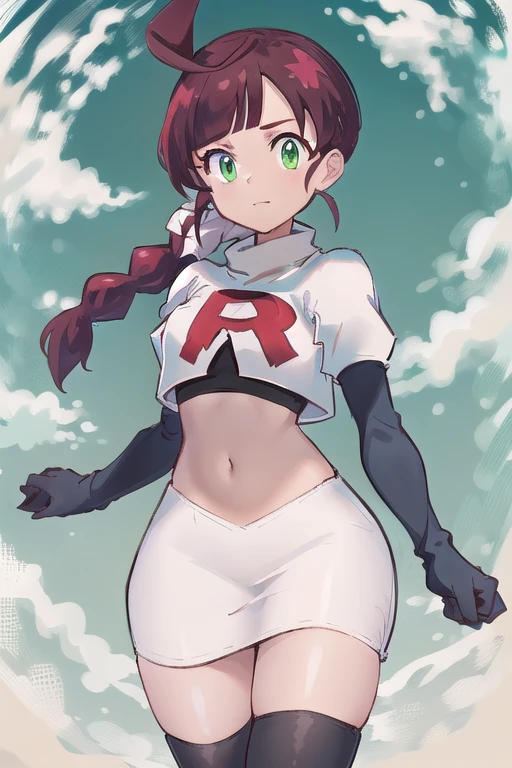 masterpiece, best quality, highres,green eyes,chl1, 1girl, braided_ponytail, (ahoge:1.1), eyelashes, team rocket,team rocket uniform,white skirt,red letter R,crop top,black thigh-highs,black elbow gloves