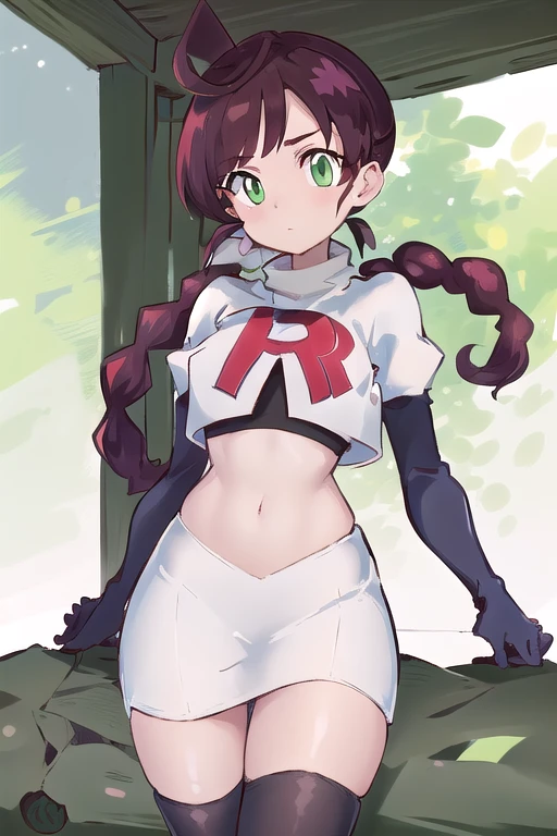 masterpiece, best quality, highres,green eyes,chl1, 1girl, braided_ponytail, (ahoge:1.1), eyelashes, team rocket,team rocket uniform,white skirt,red letter R,crop top,black thigh-highs,black elbow gloves