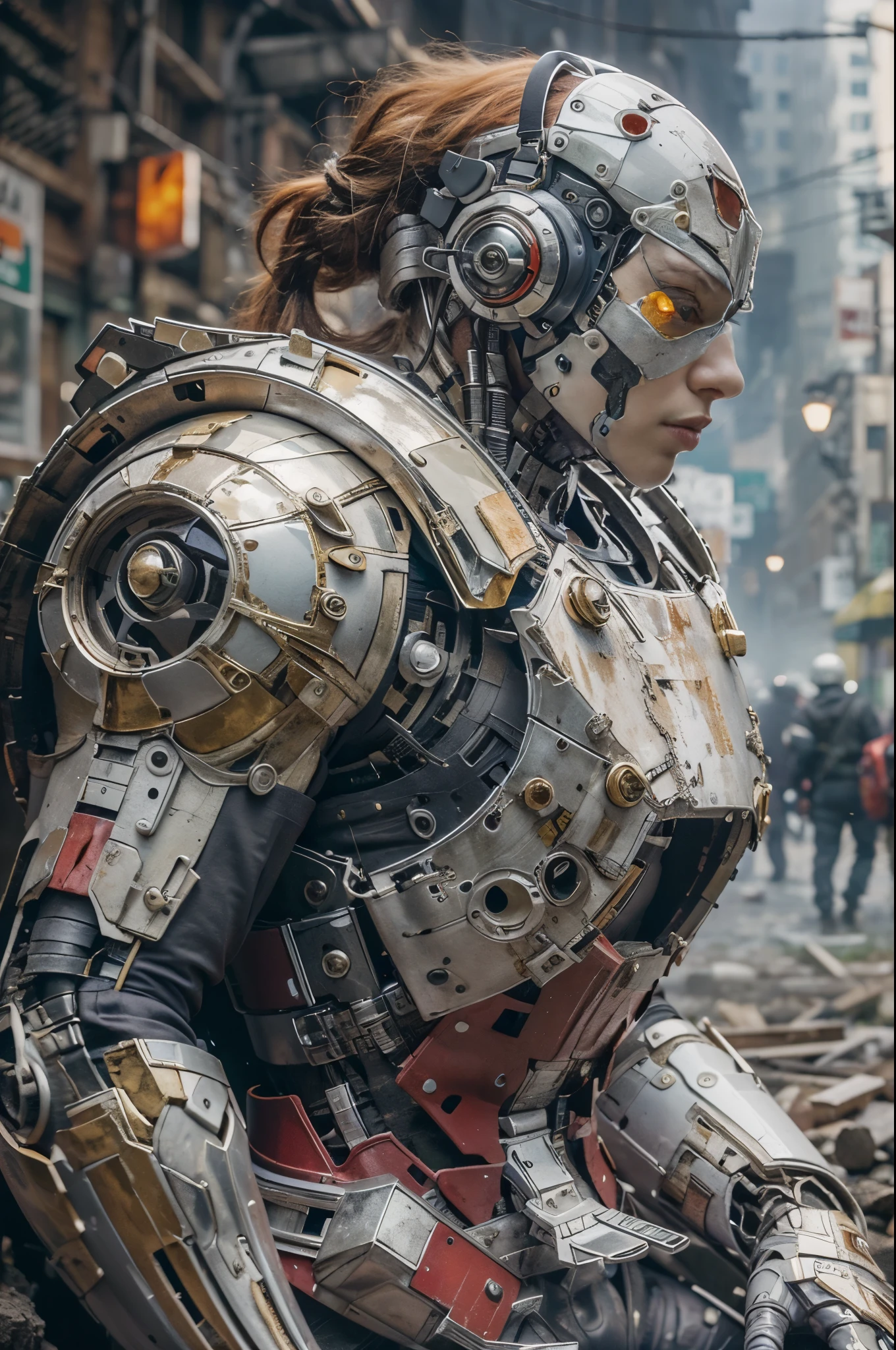 (Masterpiece, Best Quality, photorealestic:1.4), (UHD, 8k wallpaper, High Resolution), a portrait of japanese girl as a deathpool with heavy armor, intricate detailed bodywork, messy red hair, detailed beautiful face, very tight musculature, sitting with sexy pose, cute expression. Against the background of a ruined New York City, dressed in black with red trim cyborg military armor, deathpool armor likeness, Oppressive atmosphere, postapocalypse, photon mapping