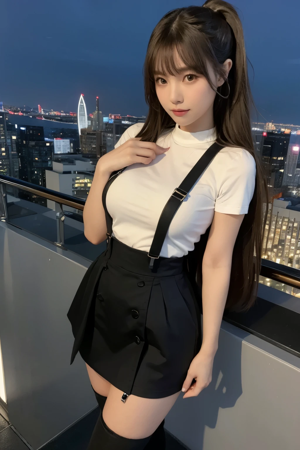 ((Midnight, highest quality, 8k, masterpiece :1.3)), whole body, Long legs, Sharp focus :1.2, Beautiful woman with perfect figure :1.4, Slim Abs :1.1, ((Dark brown hair, Big Breasts :1.2)), (White tight T-shirt, Jean Bib, Are standing:1.2), ((Night city view, rooftop:1.3)), Very detailedな顔と肌の質感, Fine grain, Double eyelids one girl,highest quality,masterpiece,figure,Very delicate and beautiful,CG,Unity,8k wallpaper,wonderful,In detail,masterpiece,Official Art,Very detailed CG Unity 8k wallpaper,Incredibly absurd,Large file size,Very detailedな,High resolution,Very detailed,Beautiful detailed girl,Realistic,from the front,Outdoor, suspenders Large swollen breasts Black mini skirt garter belt Knee-high socks bangs Beauty Hands up Black boots one person Dress shirt Hands Behind Back put your hands behind your back With your hands behind your back Armament holster A room at the Belt Hotel Bed Wall side