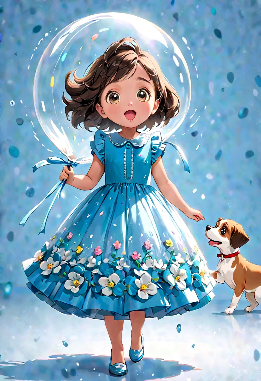 (best quality, 4k, high resolution, masterpiece: 1.2), ultra-detailed, to a 5 year old girl, se le escapa un globo de las manos, the girl is surprised, vestido tierno y lindo, lleva adornos hermosos en su vestido y cabello, imagen tierna y dulce, cachorro caminando junto a ella , colores pasteles, imagen minimalista