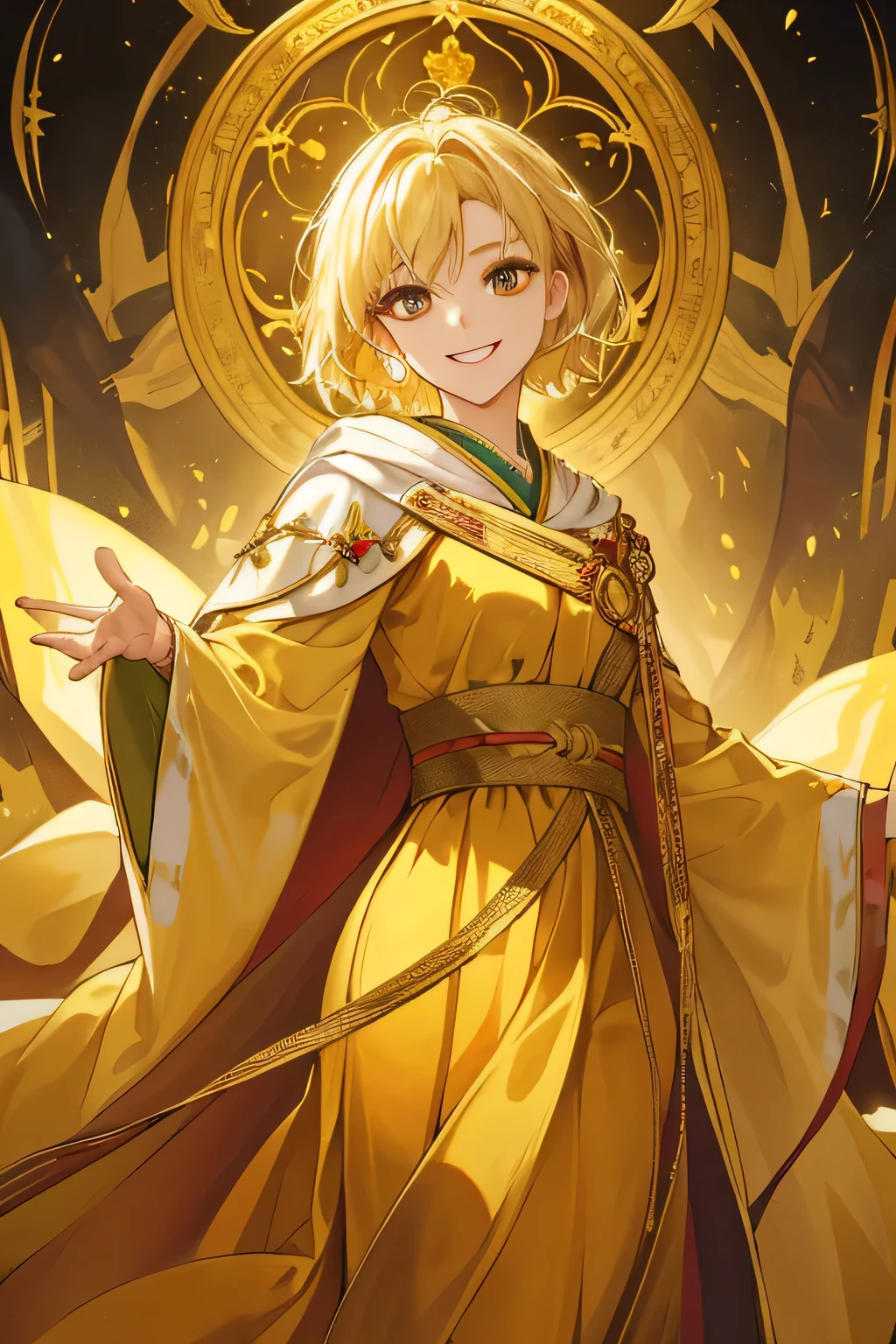 (masterpiece), best quality, expressive eyes, yunani liturgical robes dress style painting of beautiful, golden long dress, lush and haunting background, blonde short hair, golden eyes, smile mouth, 