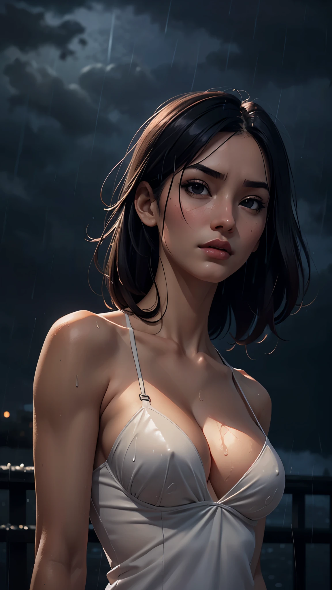 one asian girl, ada wong, solo, abs, slender body, (upper body, bust:1.2), black eyes, black hair, (small breasts, cleavage, deep cleavage:1.3), bare shoulders, masterpiece, highly detailed, look at viewer, (dark sky, rainy night background:1.2), (rain:1.3), heavy rain, water on the body