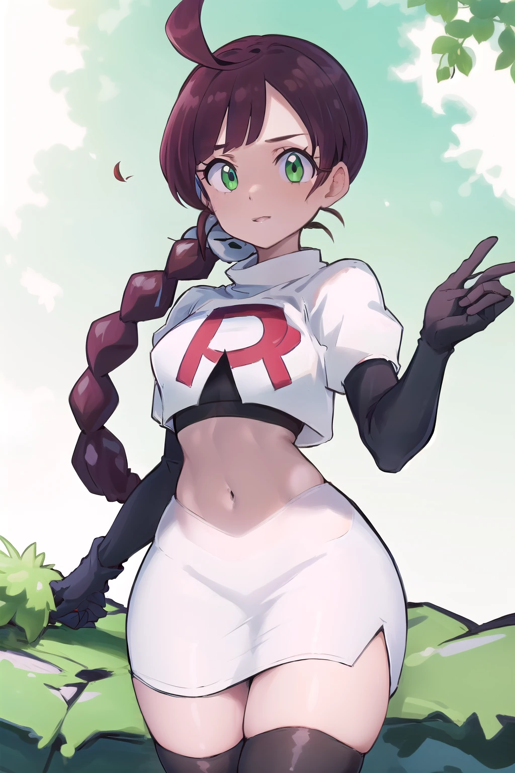 masterpiece, best quality, highres,green eyes,chl1, 1girl, braided_ponytail, (ahoge:1.1), eyelashes, team rocket,team rocket uniform,white skirt,red letter R,crop top,black thigh-highs,black elbow gloves