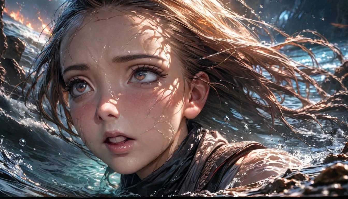 (best quality,4k,highres,masterpiece:1.2),ultra-detailed,(realistic:1.37),HDR,UHD,professional,stunning colors,sharp focus,physically-based rendering,portraits,underwater,ninja,breathtaking scene,mysterious atmosphere,ocean,exhausted survivor,dangerous situation,dramatic lighting,turbulent water,night,fire,debris,singed,wide-eyed expression,battered appearance,intricate waves,reflection,powerful impact,emotionally intense,contrasting colors,moody,unpredictable,action-packed,adventurous,thrilling,mesmerizing