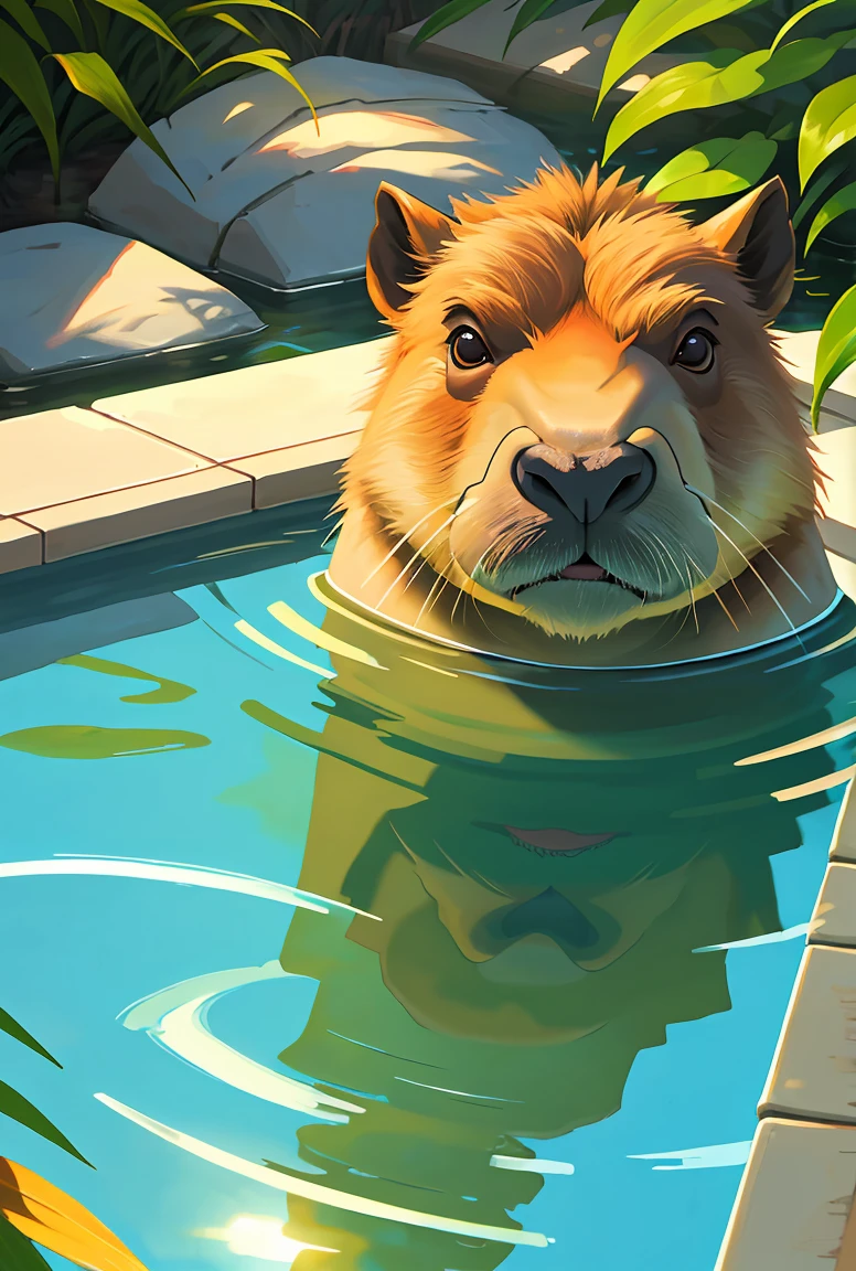 capybara in a pool,sunlight,crystal clear reflection,realistic,high quality,ultra-detailed,photorealistic:1.37,ultra-fine painting,natural colors,warm tones,soft shadows a lady nrar