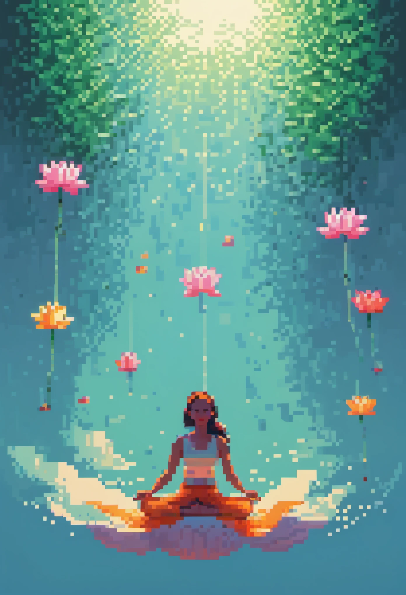 (bright colors),pixel art,lotus pose,girl floating on air:2,(best quality:1.2),detailed portrait,serene background,gentle shadows,soft lighting,meditative atmosphere,delicate lines.minimalist Journey,girl floating on air:2,girl floating on air:2