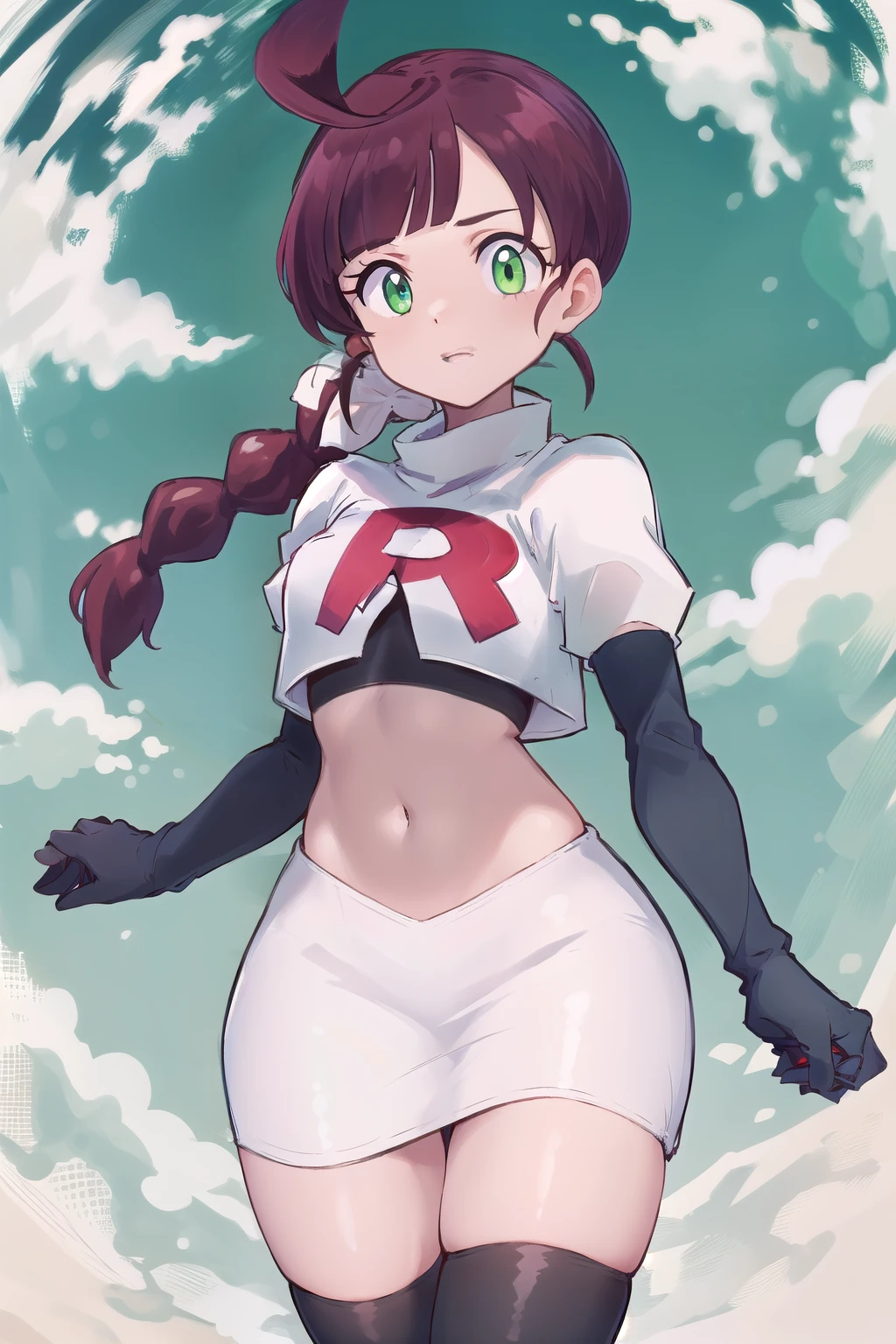 masterpiece, best quality, highres,green eyes,chl1, 1girl, braided_ponytail, (ahoge:1.1), eyelashes, team rocket,team rocket uniform,white skirt,red letter R,crop top,black thigh-highs,black elbow gloves