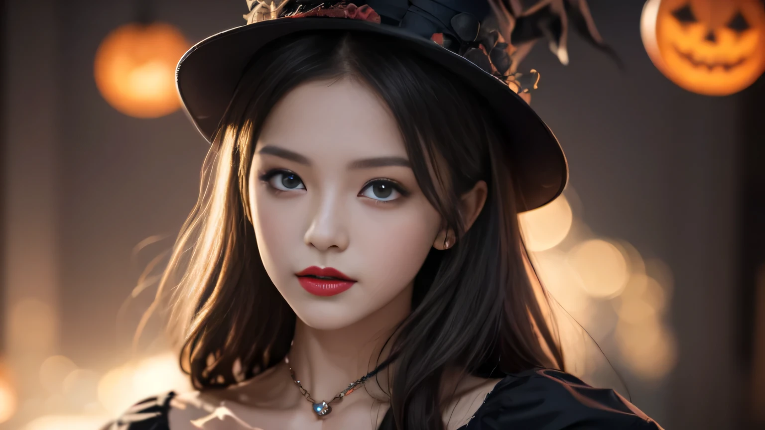 Black hair, Hair shaking, victory, Long eyelashes, Solid round eye, A faint smile, ears red, direction, Surrealism, shadow, Relief, Stereogram, Standing picture, View, Atmospheric perspective, 8k, Super Detail, precise, best quality，Visible throughout the body，black boots，Black。Female magician。Ms. Alafia, wearing a black dress, stands in front of a row of carved pumpkins, halloween atmosphere, halloween night, in a halloween style, halloween theme, halloween art style, halloween, Terrible but charming, Beautiful witch spooky woman, Beautiful witch, halloween celebration, spooky halloween night, trick or treat, halloween scene, Beautiful witch, 